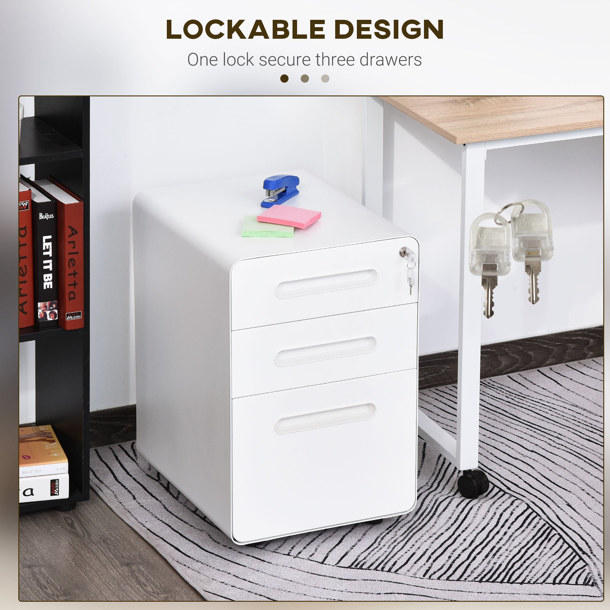 Vinsetto 3 Drawer Vertical Filing Cabinet with Lock and Wheels, Under Desk Mobile File Cabinet for Legal, A4, Letter Size, Steel Frame for Home Office, White