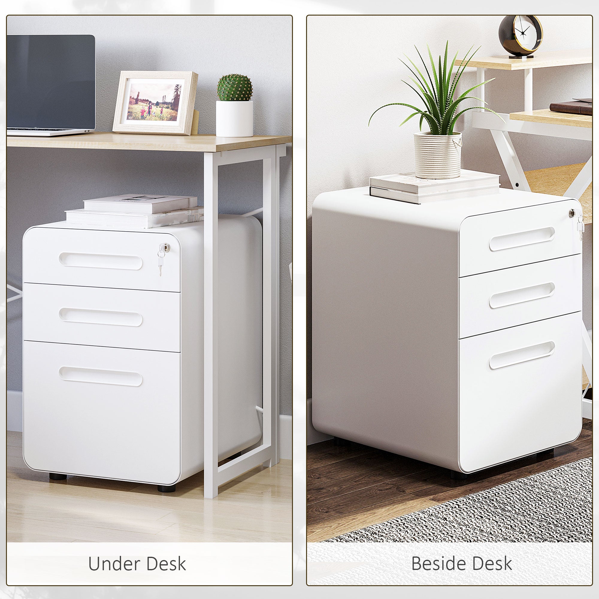 Vinsetto 3 Drawer Vertical Filing Cabinet with Lock and Wheels, Under Desk Mobile File Cabinet for Legal, A4, Letter Size, Steel Frame for Home Office, White