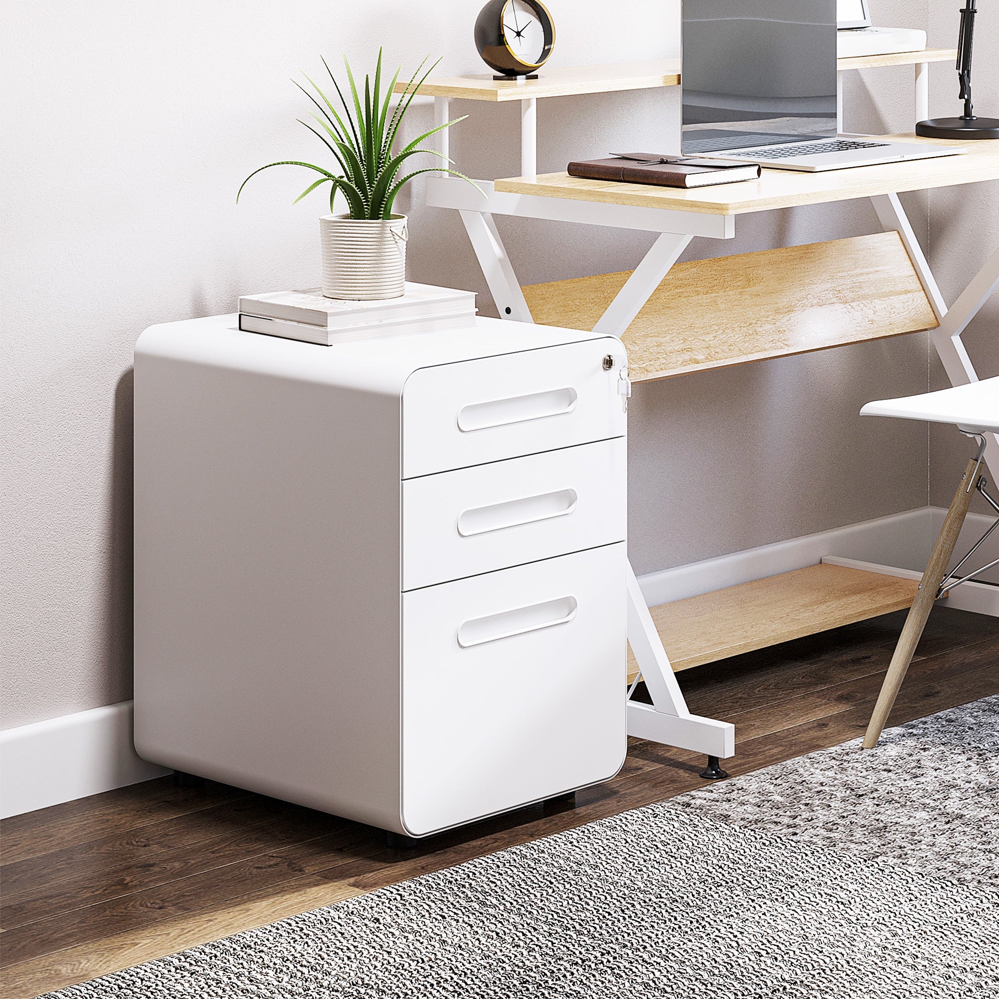 Vinsetto 3 Drawer Vertical Filing Cabinet with Lock and Wheels, Under Desk Mobile File Cabinet for Legal, A4, Letter Size, Steel Frame for Home Office, White