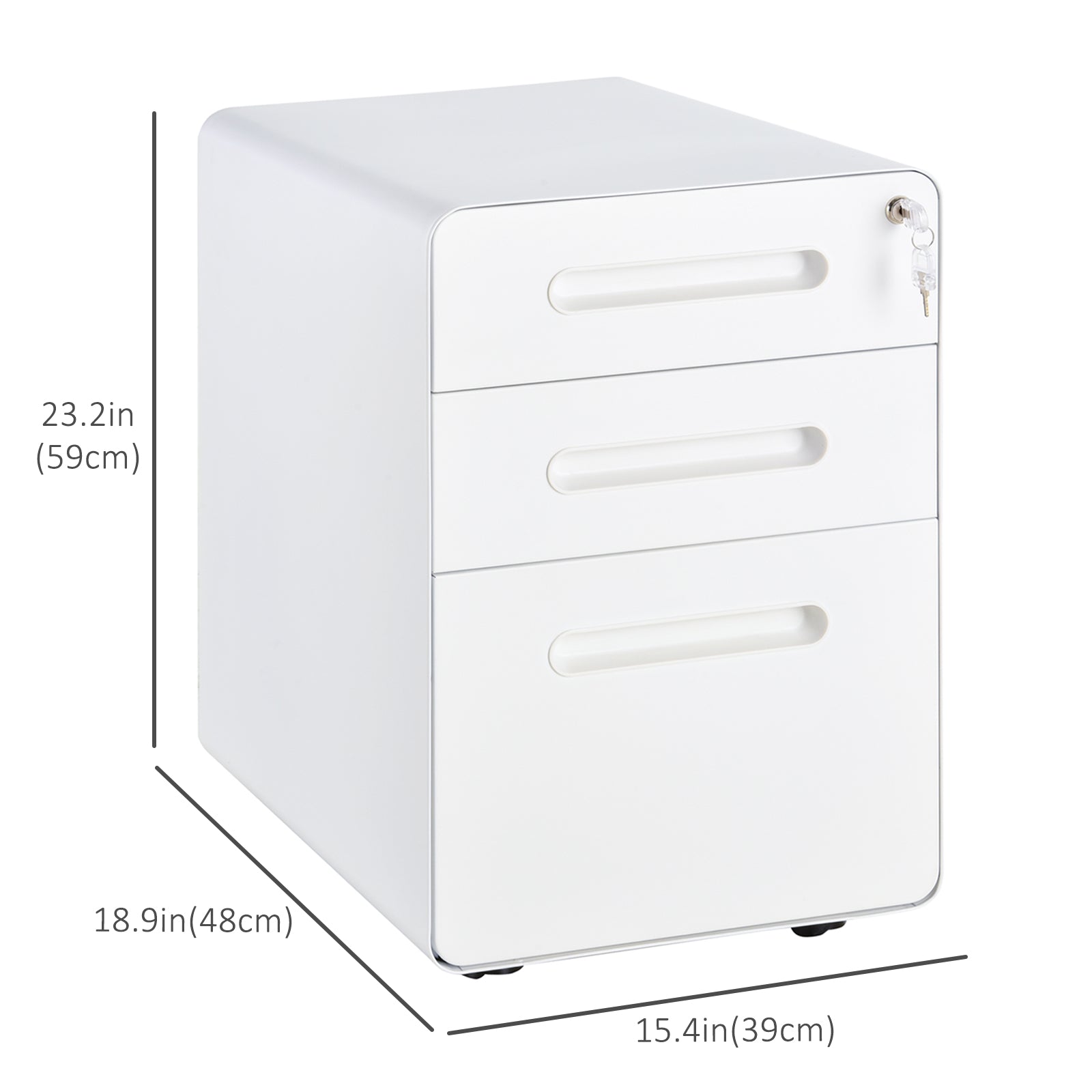 Vinsetto 3 Drawer Vertical Filing Cabinet with Lock and Wheels, Under Desk Mobile File Cabinet for Legal, A4, Letter Size, Steel Frame for Home Office, White