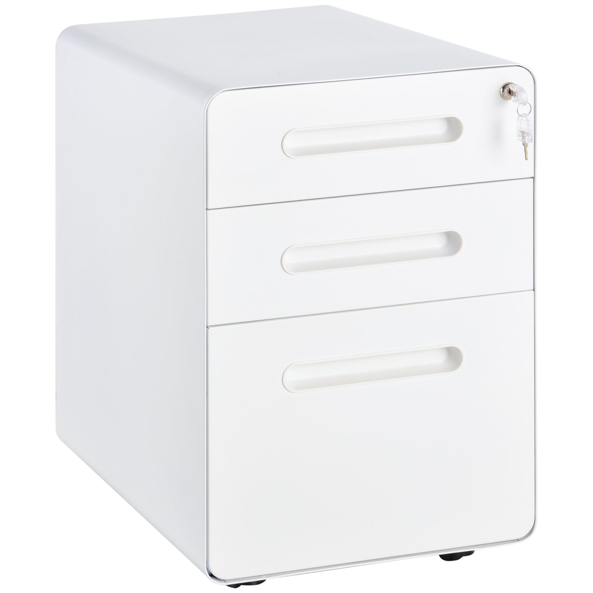 Vinsetto 3 Drawer Vertical Filing Cabinet with Lock and Wheels, Under Desk Mobile File Cabinet for Legal, A4, Letter Size, Steel Frame for Home Office, White