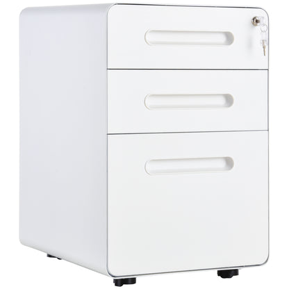 Vinsetto 3 Drawer Vertical Filing Cabinet with Lock and Wheels, Under Desk Mobile File Cabinet for Legal, A4, Letter Size, Steel Frame for Home Office, White