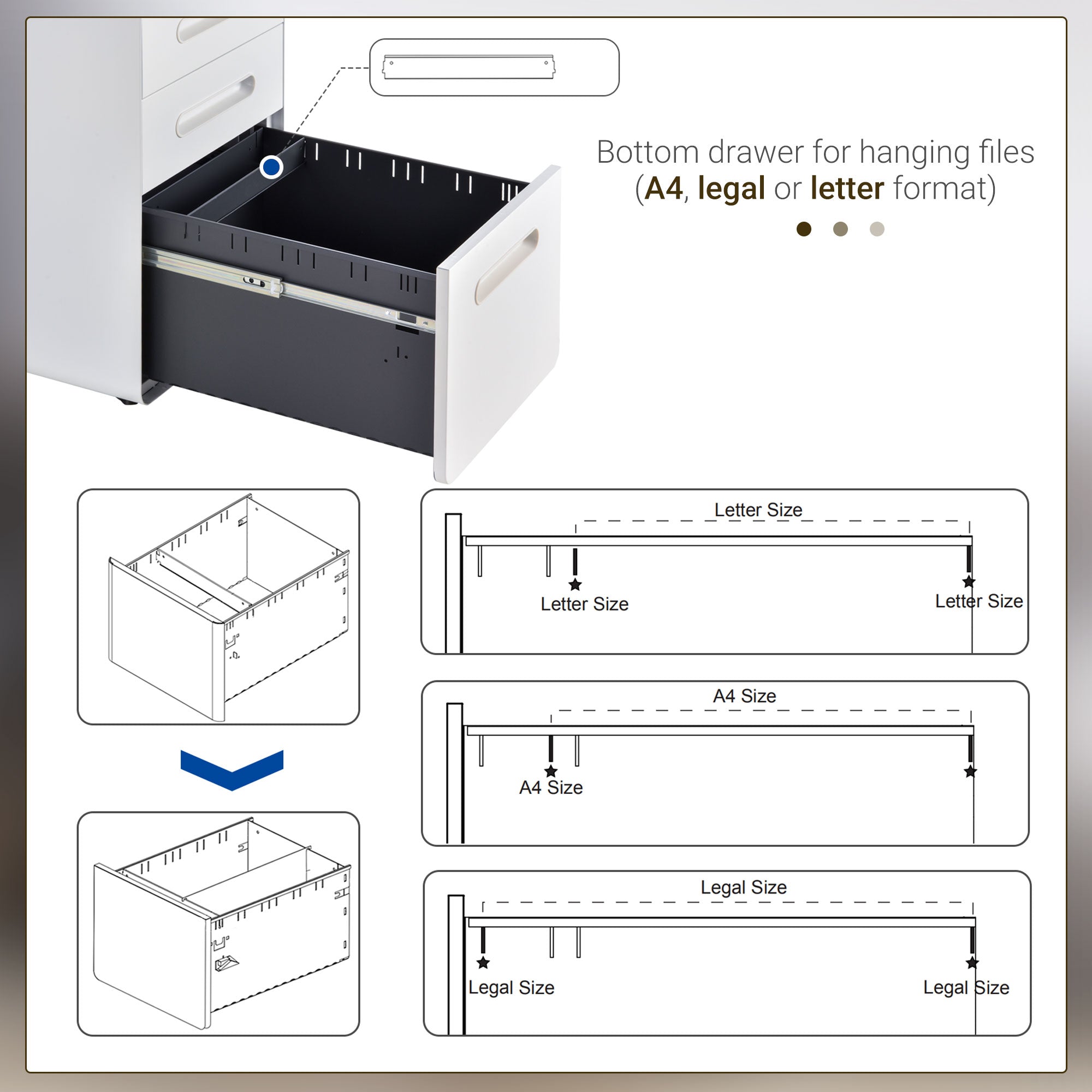 Vinsetto 3 Drawer Vertical Filing Cabinet with Lock and Wheels, Under Desk Mobile File Cabinet for Legal, A4, Letter Size, Steel Frame for Home Office, White