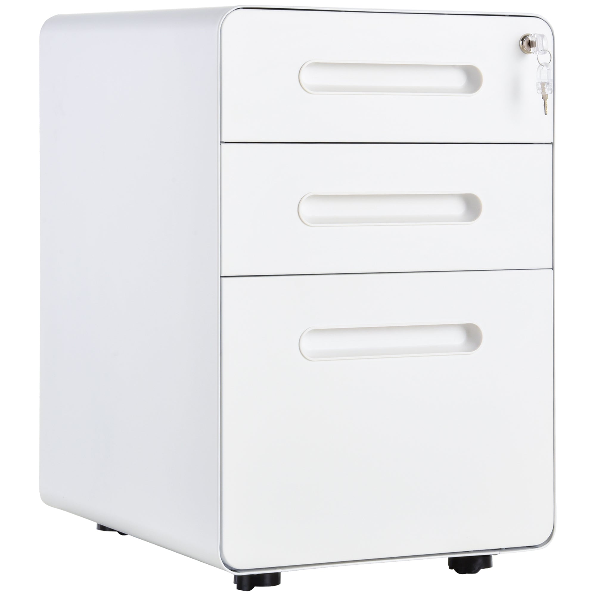 Vinsetto 3 Drawer Vertical Filing Cabinet with Lock and Wheels, Under Desk Mobile File Cabinet for Legal, A4, Letter Size, Steel Frame for Home Office, White