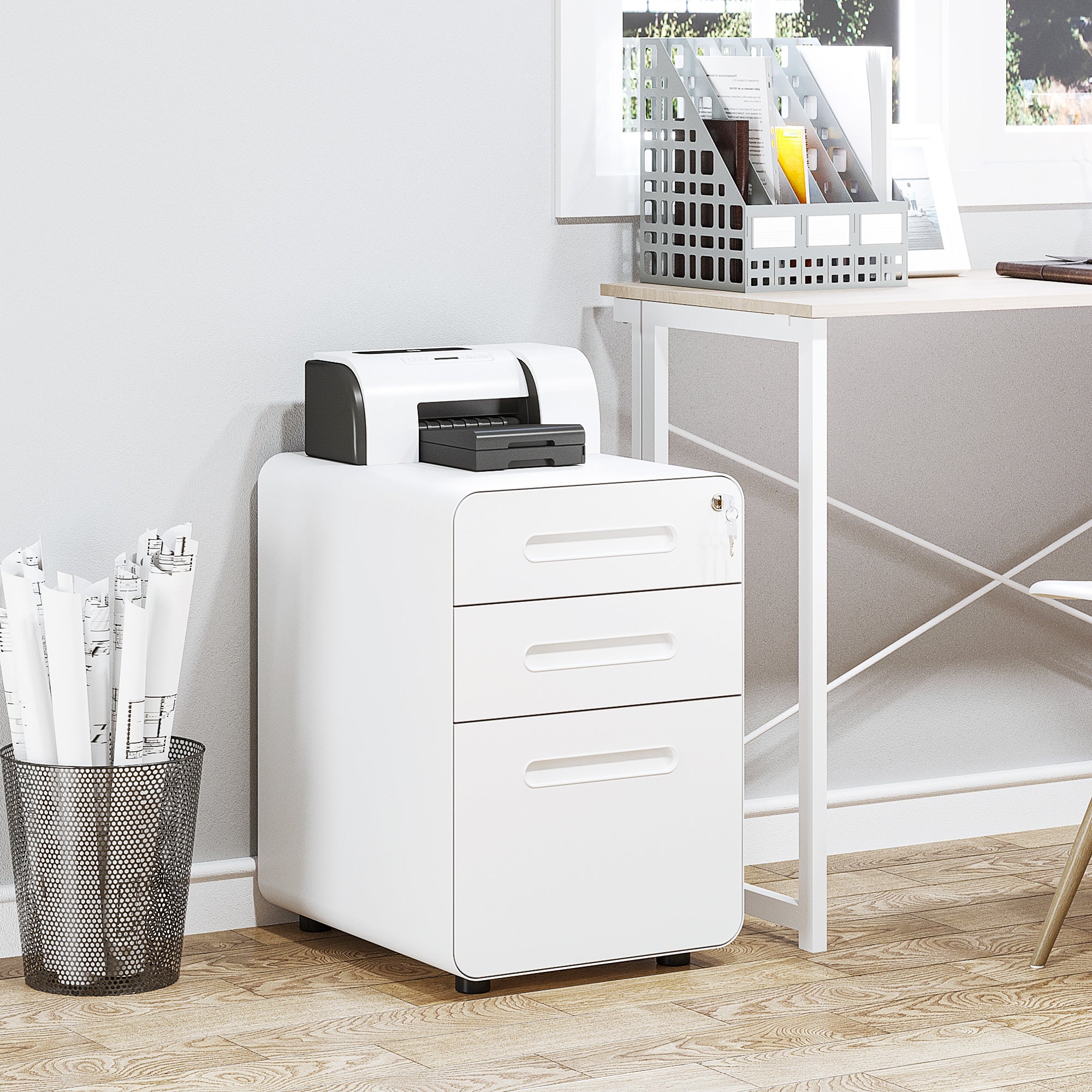 Vinsetto 3 Drawer Vertical Filing Cabinet with Lock and Wheels, Under Desk Mobile File Cabinet for Legal, A4, Letter Size, Steel Frame for Home Office, White
