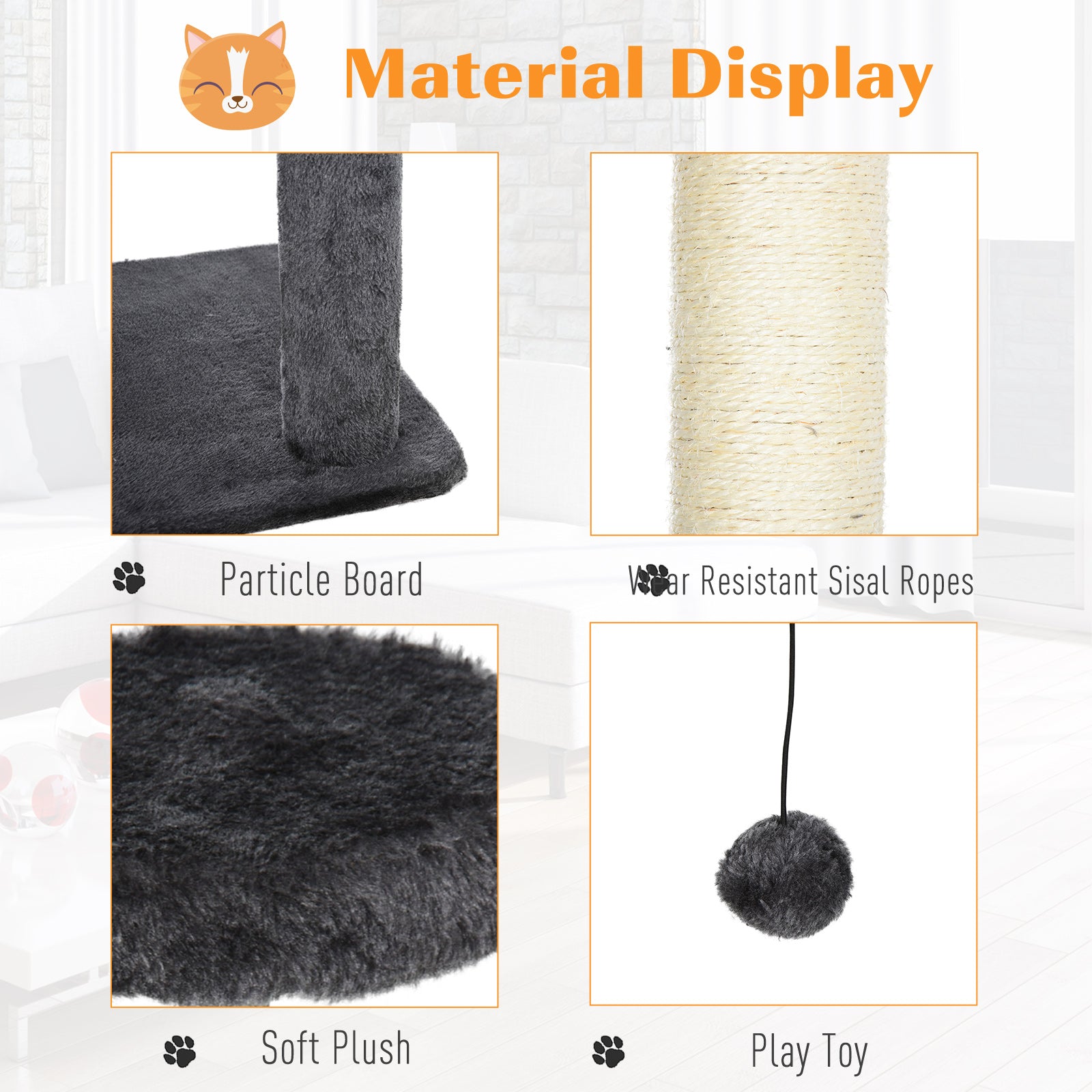 PawHut Adjustable Height Floor-To-Ceiling Vertical Cat Tree with Carpet Platforms, Condo & Rope Scratching Areas, Dark Grey