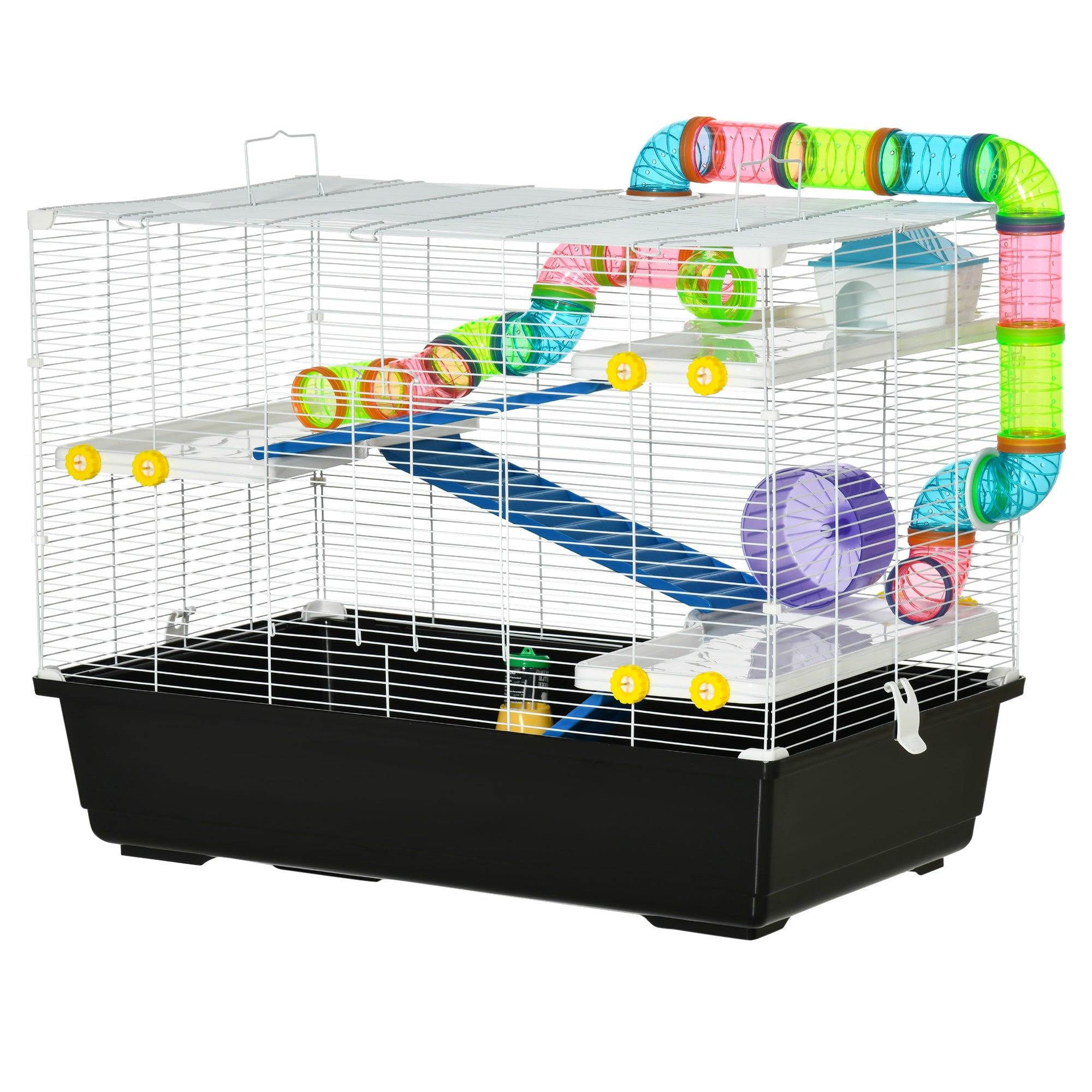PawHut 31" Large Hamster Cage, Small Animal House, Multi-storey Gerbil Haven, Tunnel Tube System, with Water Bottle, Exercise Wheel, Food Dish, Ramps, Black