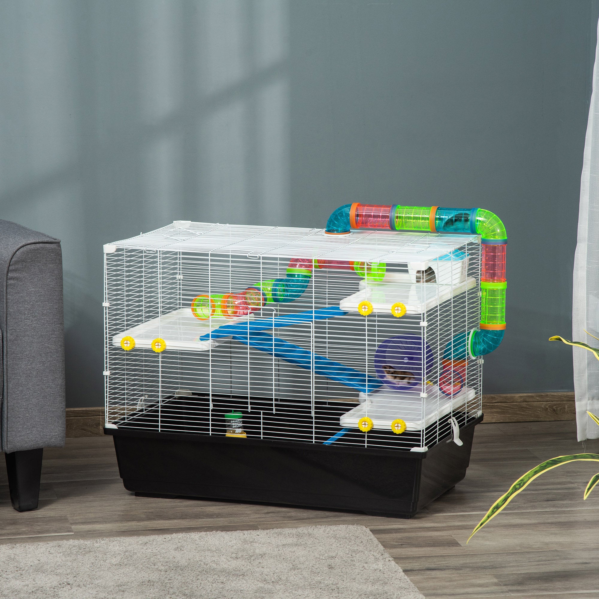 PawHut 31" Large Hamster Cage, Small Animal House, Multi-storey Gerbil Haven, Tunnel Tube System, with Water Bottle, Exercise Wheel, Food Dish, Ramps, Black