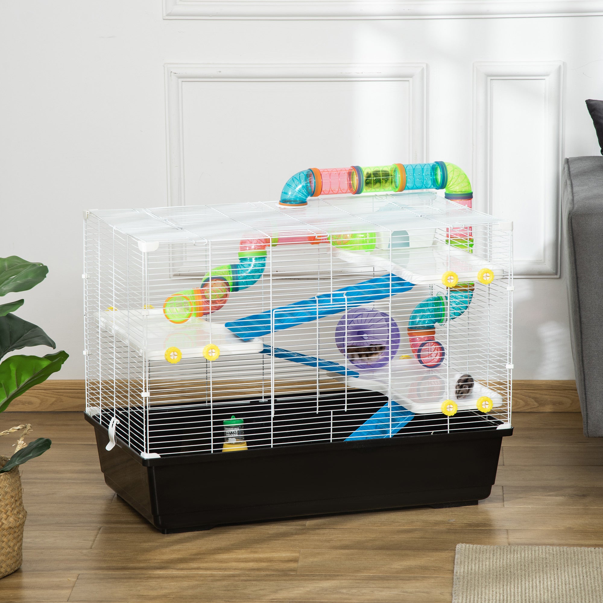 PawHut 31" Large Hamster Cage, Small Animal House, Multi-storey Gerbil Haven, Tunnel Tube System, with Water Bottle, Exercise Wheel, Food Dish, Ramps, Black