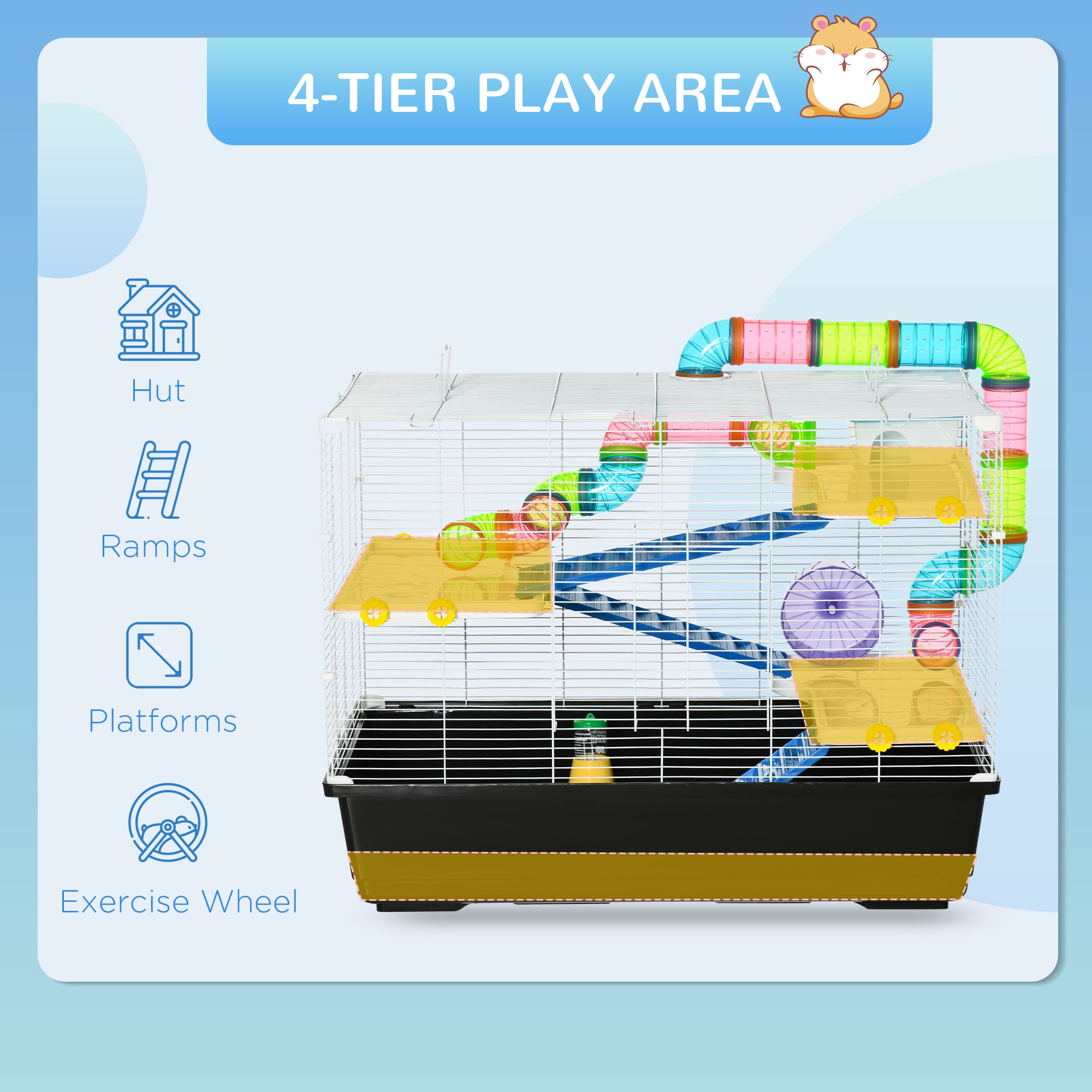 PawHut 31" Large Hamster Cage, Small Animal House, Multi-storey Gerbil Haven, Tunnel Tube System, with Water Bottle, Exercise Wheel, Food Dish, Ramps, Black