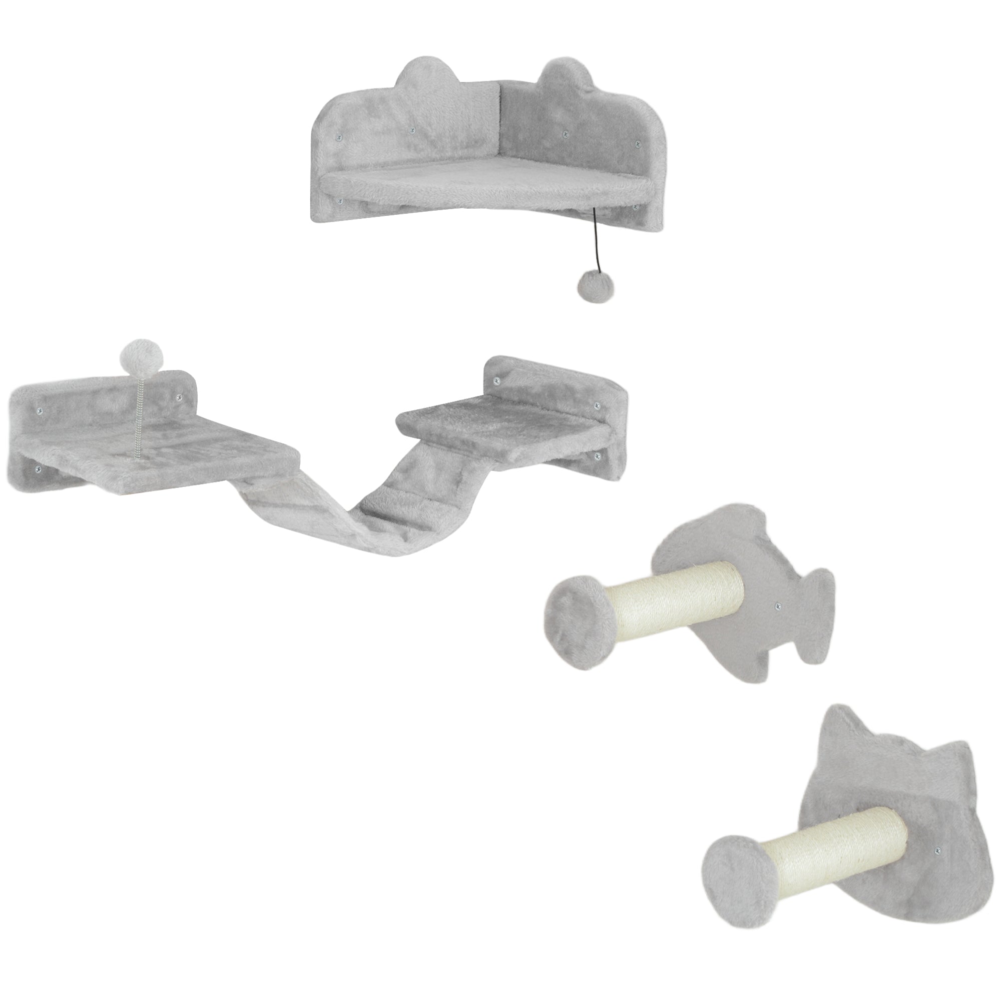 PawHut Cat Wall Shelves, 4 Piece Wall-Mounted Cat Tree with Steps, Ladder, Jumping Platforms, Scratching Posts, Toy Ball, Cat Wall Furniture for Indoor Cats, Light Grey