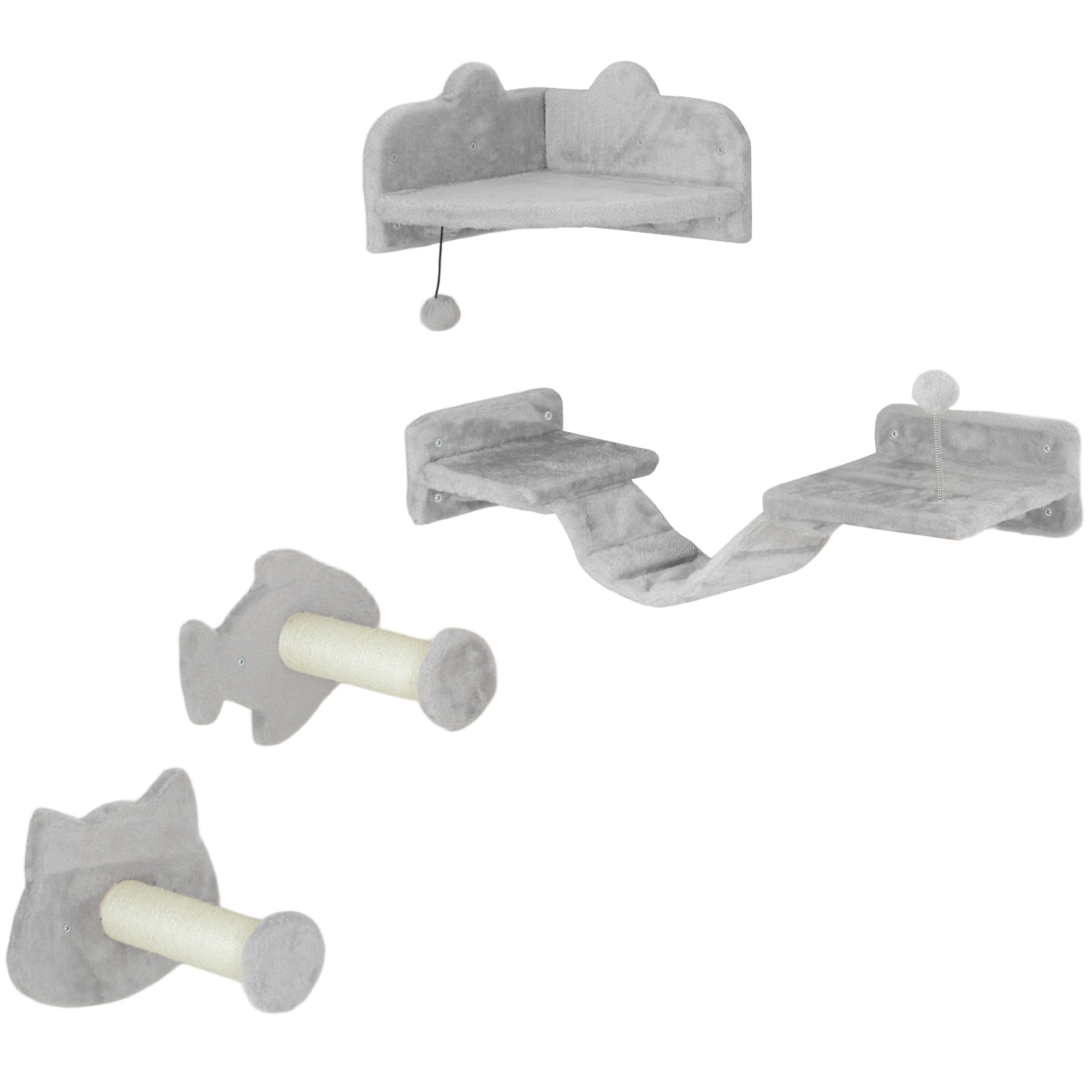 PawHut Cat Wall Shelves, 4 Piece Wall-Mounted Cat Tree with Steps, Ladder, Jumping Platforms, Scratching Posts, Toy Ball, Cat Wall Furniture for Indoor Cats, Light Grey