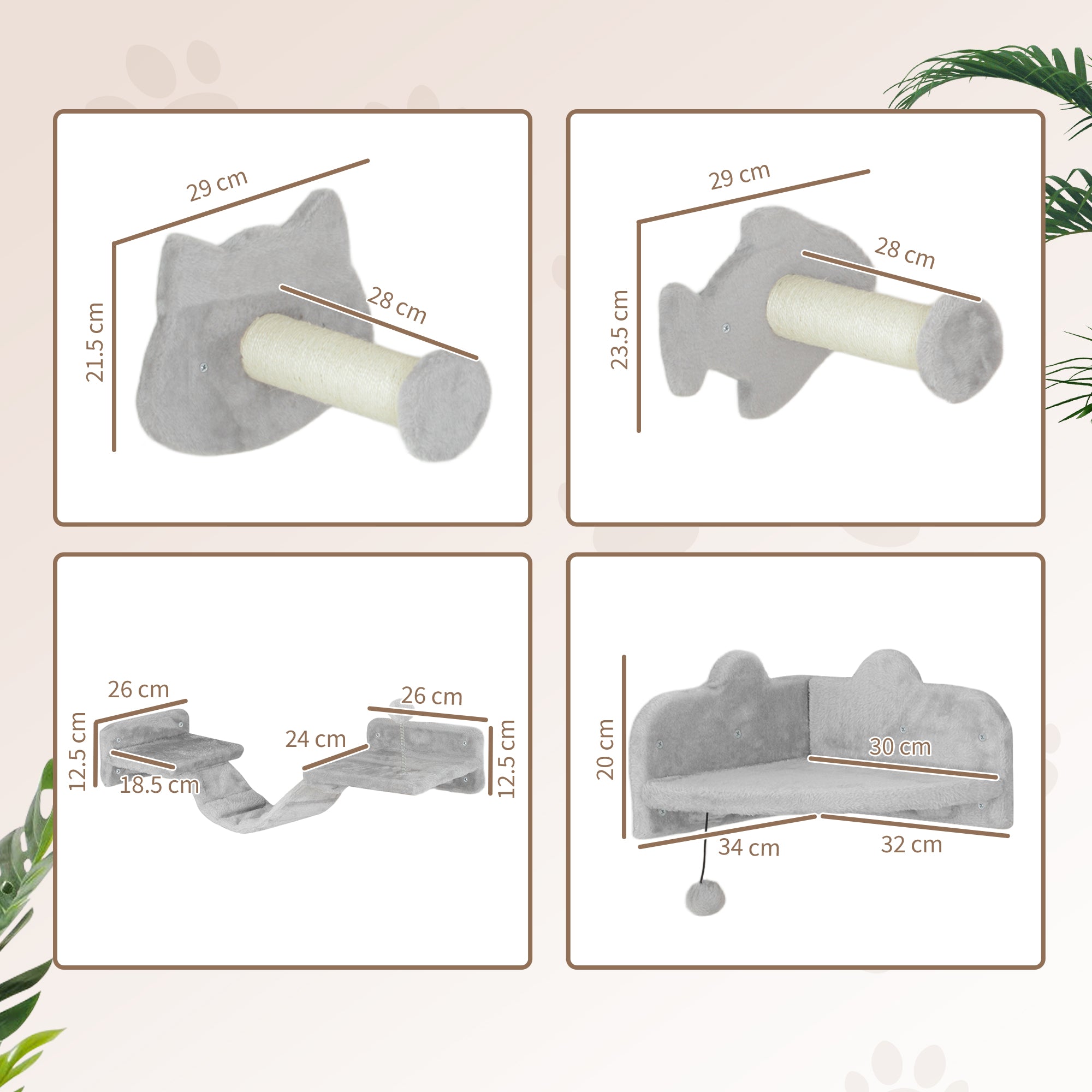 PawHut Cat Wall Shelves, 4 Piece Wall-Mounted Cat Tree with Steps, Ladder, Jumping Platforms, Scratching Posts, Toy Ball, Cat Wall Furniture for Indoor Cats, Light Grey