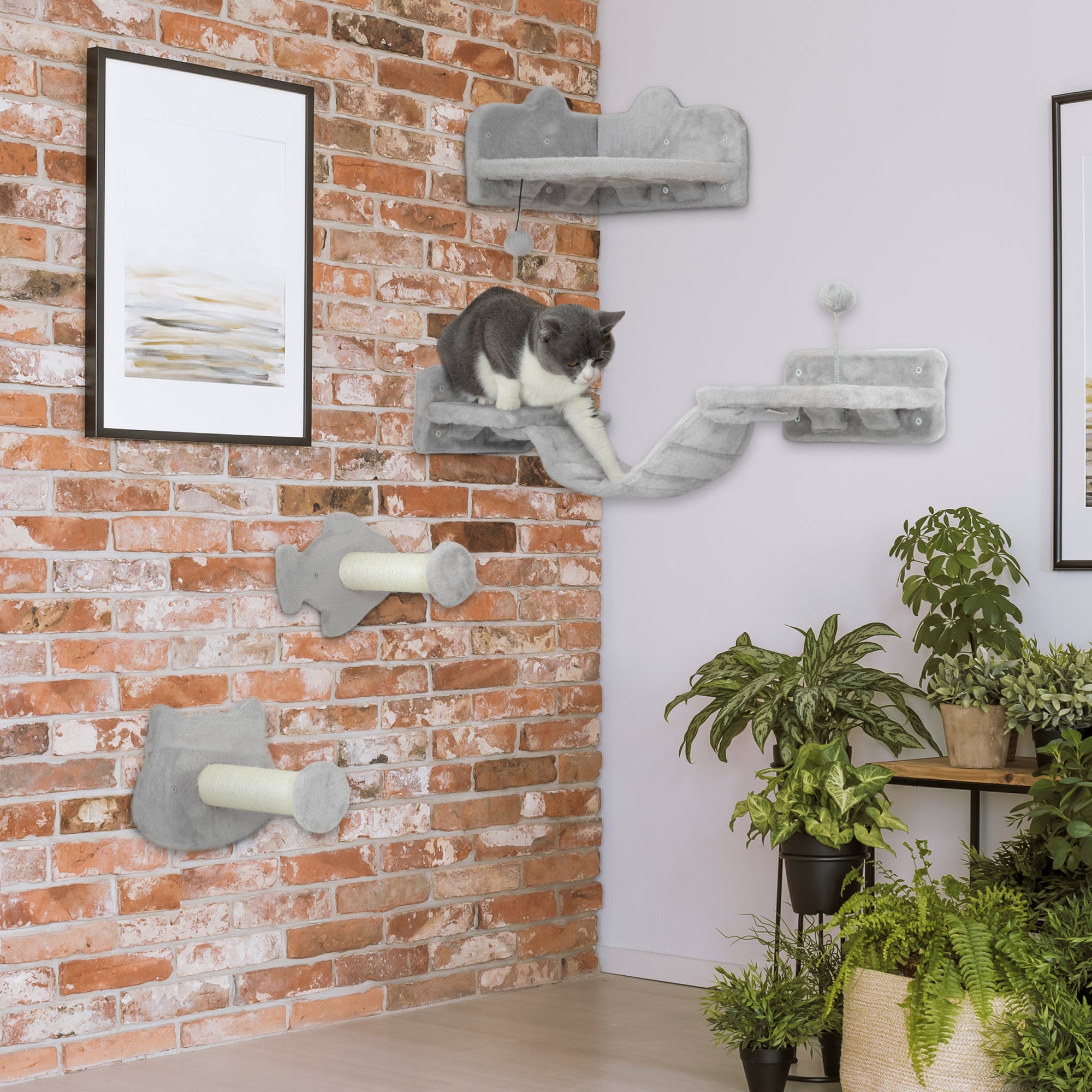 PawHut Cat Wall Shelves, 4 Piece Wall-Mounted Cat Tree with Steps, Ladder, Jumping Platforms, Scratching Posts, Toy Ball, Cat Wall Furniture for Indoor Cats, Light Grey