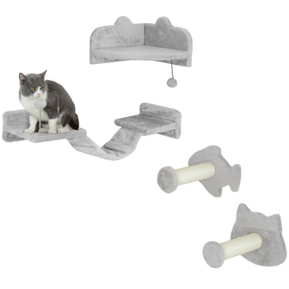 PawHut Cat Wall Shelves, 4 Piece Wall-Mounted Cat Tree with Steps, Ladder, Jumping Platforms, Scratching Posts, Toy Ball, Cat Wall Furniture for Indoor Cats, Light Grey