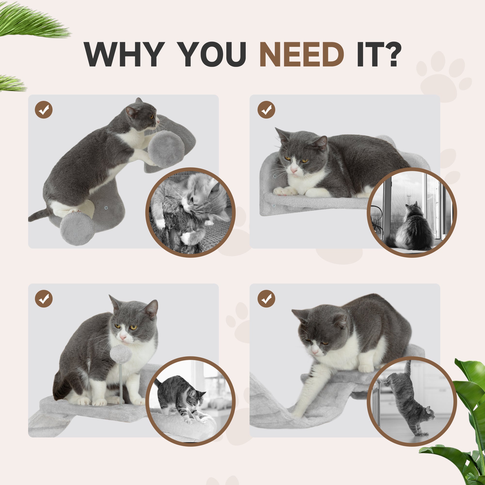 PawHut Cat Wall Shelves, 4 Piece Wall-Mounted Cat Tree with Steps, Ladder, Jumping Platforms, Scratching Posts, Toy Ball, Cat Wall Furniture for Indoor Cats, Light Grey