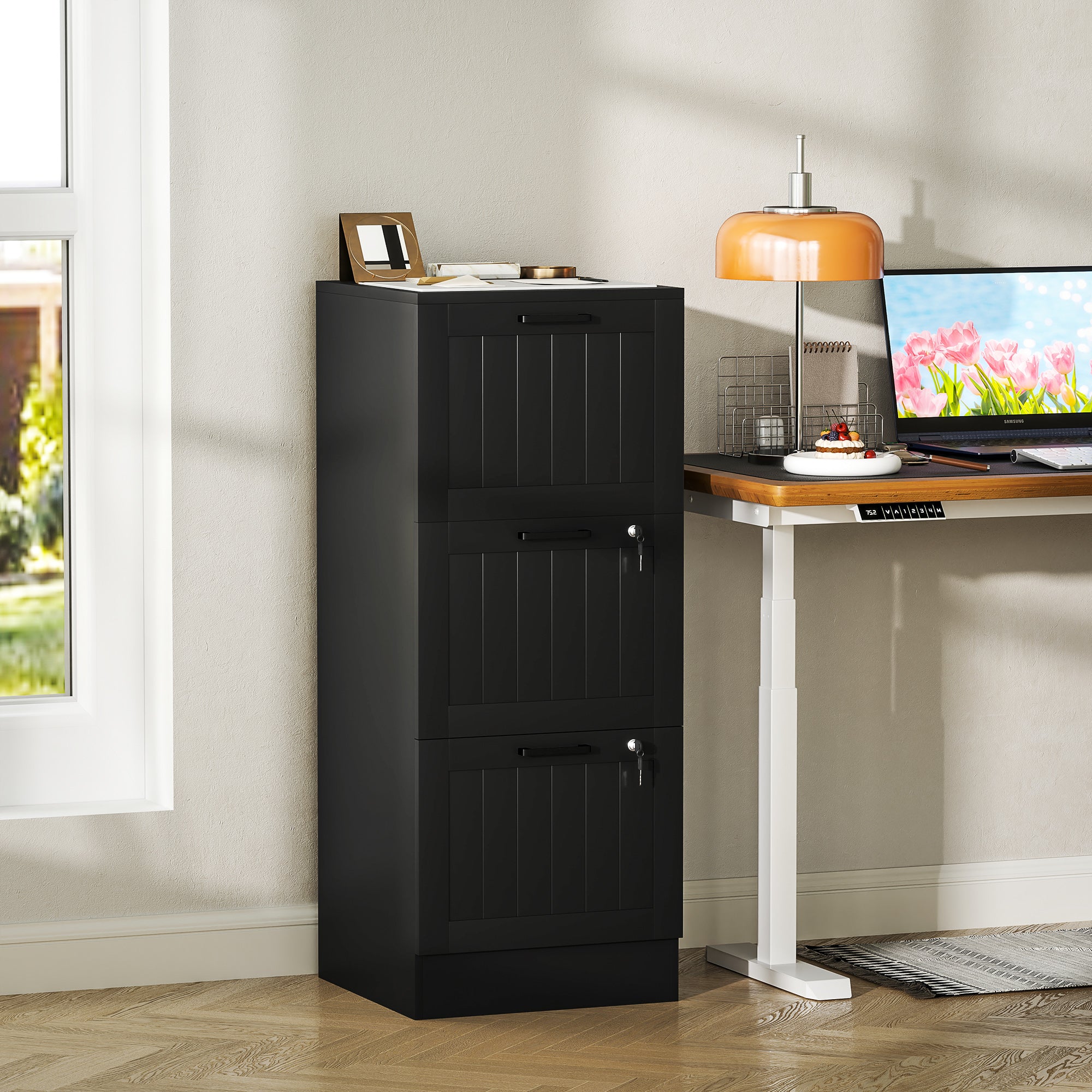 HOMCOM 3 Drawer File Cabinet with Lock, Vertical Filing Cabinet with Adjustable Hanging Bars for A4 and Letter Size File Folders, Printer Stand with Storage, Black