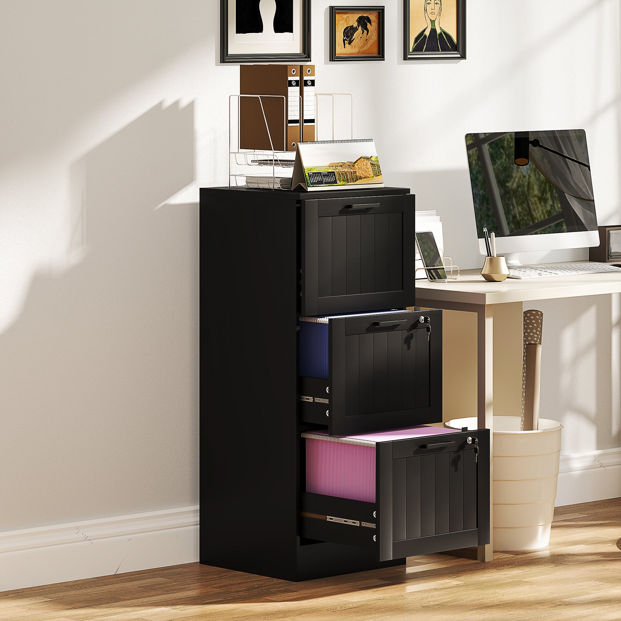 HOMCOM 3 Drawer File Cabinet with Lock, Vertical Filing Cabinet with Adjustable Hanging Bars for A4 and Letter Size File Folders, Printer Stand with Storage, Black
