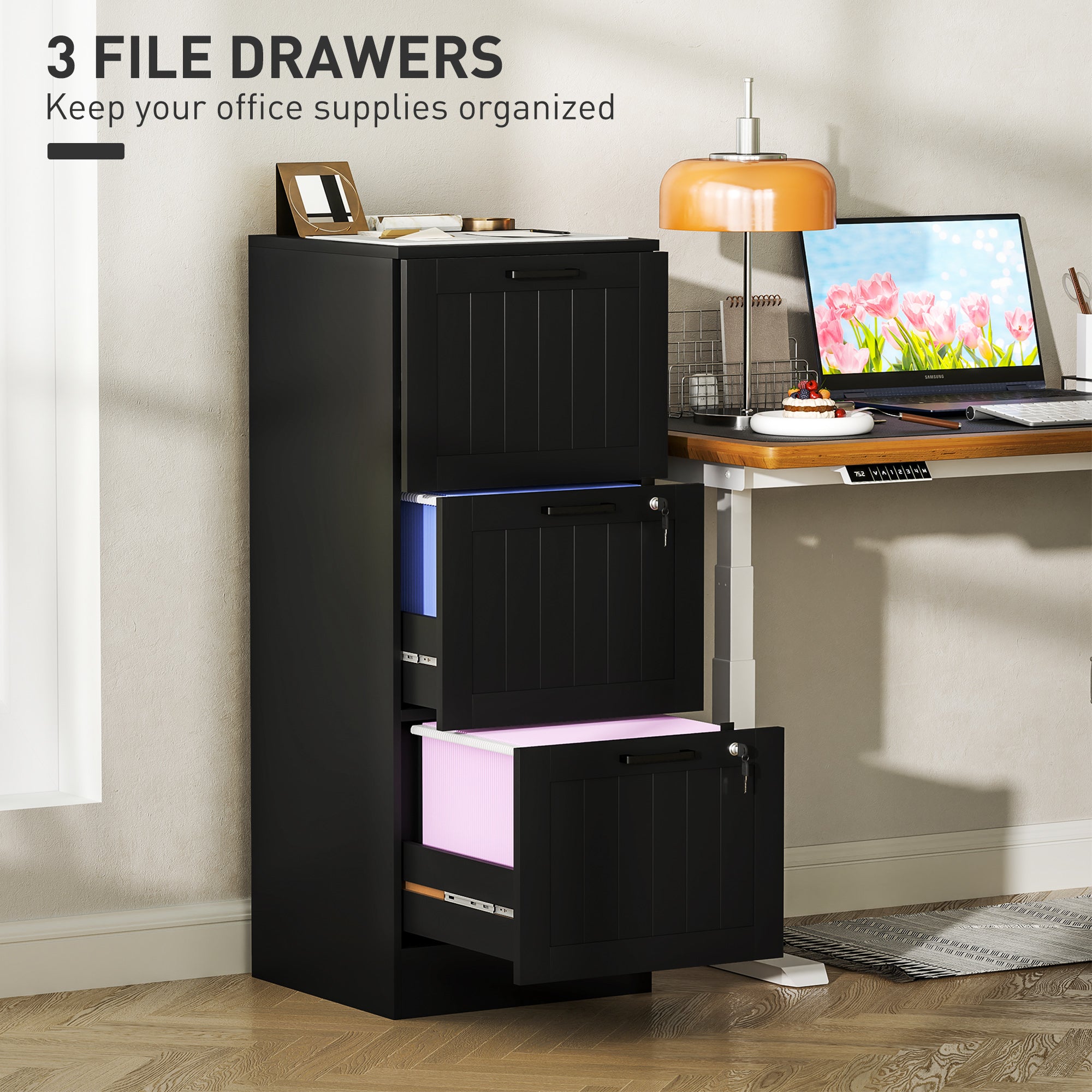 HOMCOM 3 Drawer File Cabinet with Lock, Vertical Filing Cabinet with Adjustable Hanging Bars for A4 and Letter Size File Folders, Printer Stand with Storage, Black
