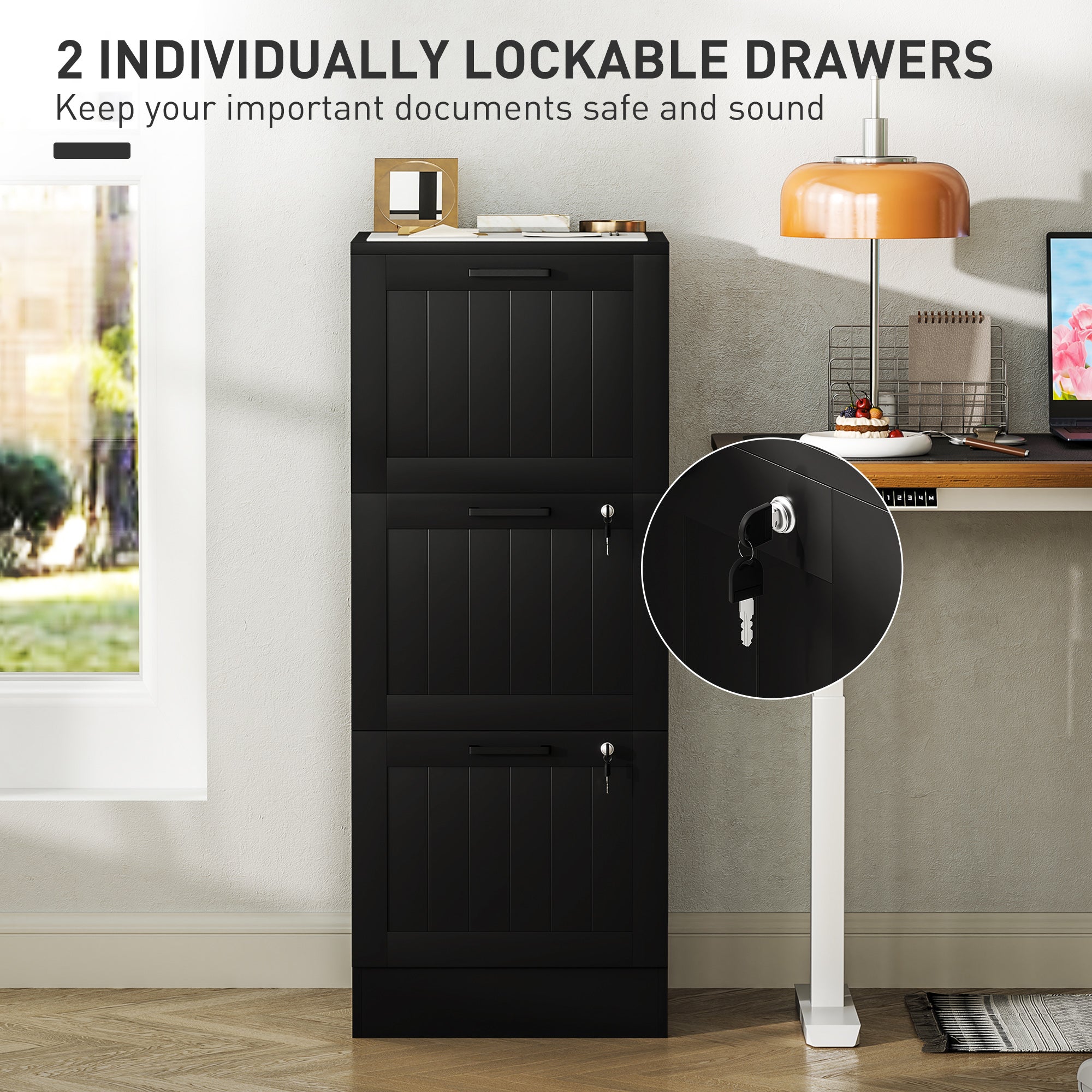 HOMCOM 3 Drawer File Cabinet with Lock, Vertical Filing Cabinet with Adjustable Hanging Bars for A4 and Letter Size File Folders, Printer Stand with Storage, Black