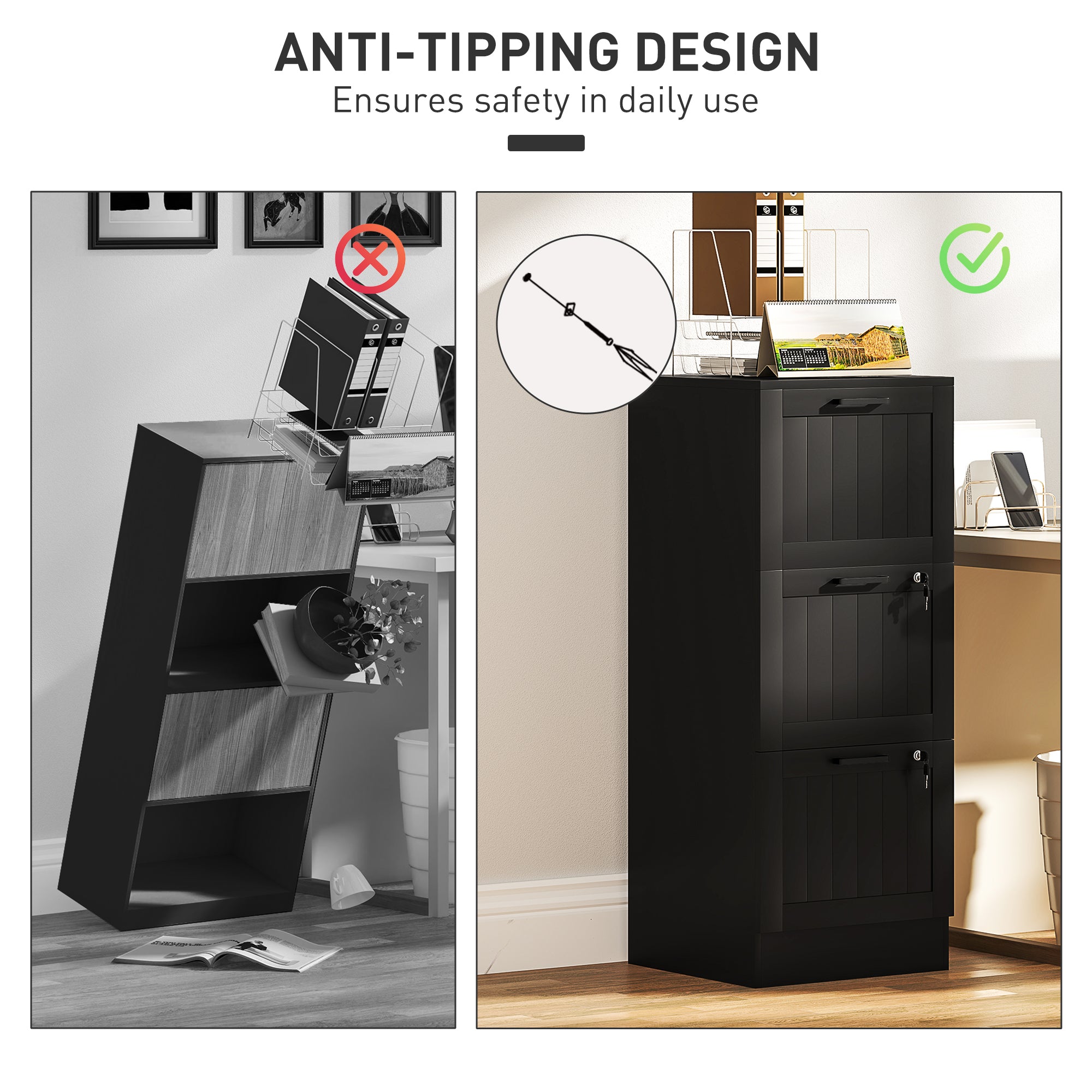 HOMCOM 3 Drawer File Cabinet with Lock, Vertical Filing Cabinet with Adjustable Hanging Bars for A4 and Letter Size File Folders, Printer Stand with Storage, Black
