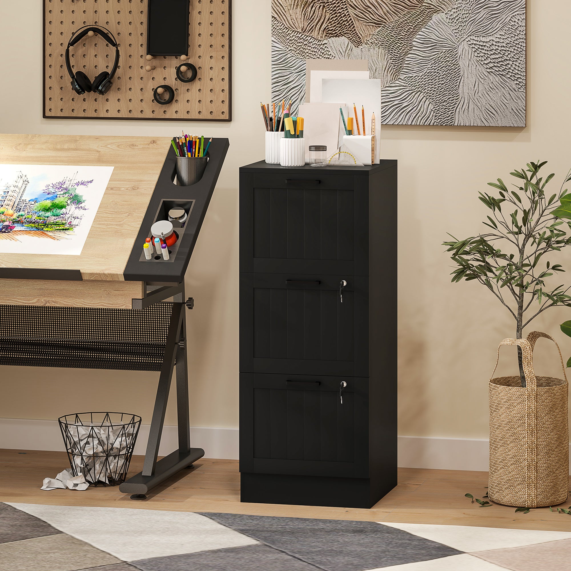 HOMCOM 3 Drawer File Cabinet with Lock, Vertical Filing Cabinet with Adjustable Hanging Bars for A4 and Letter Size File Folders, Printer Stand with Storage, Black