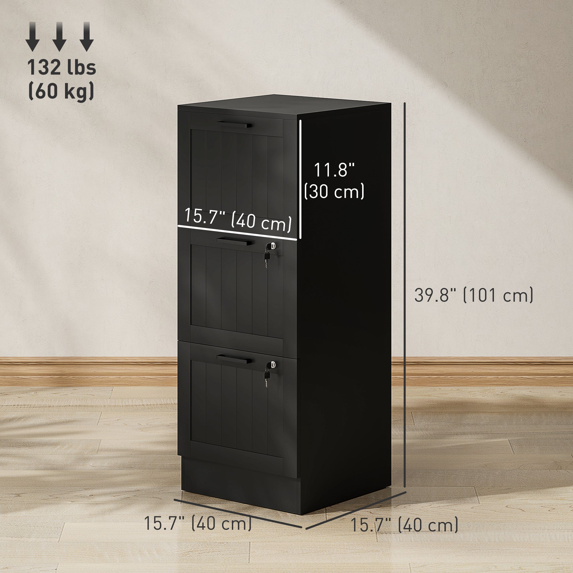 HOMCOM 3 Drawer File Cabinet with Lock, Vertical Filing Cabinet with Adjustable Hanging Bars for A4 and Letter Size File Folders, Printer Stand with Storage, Black