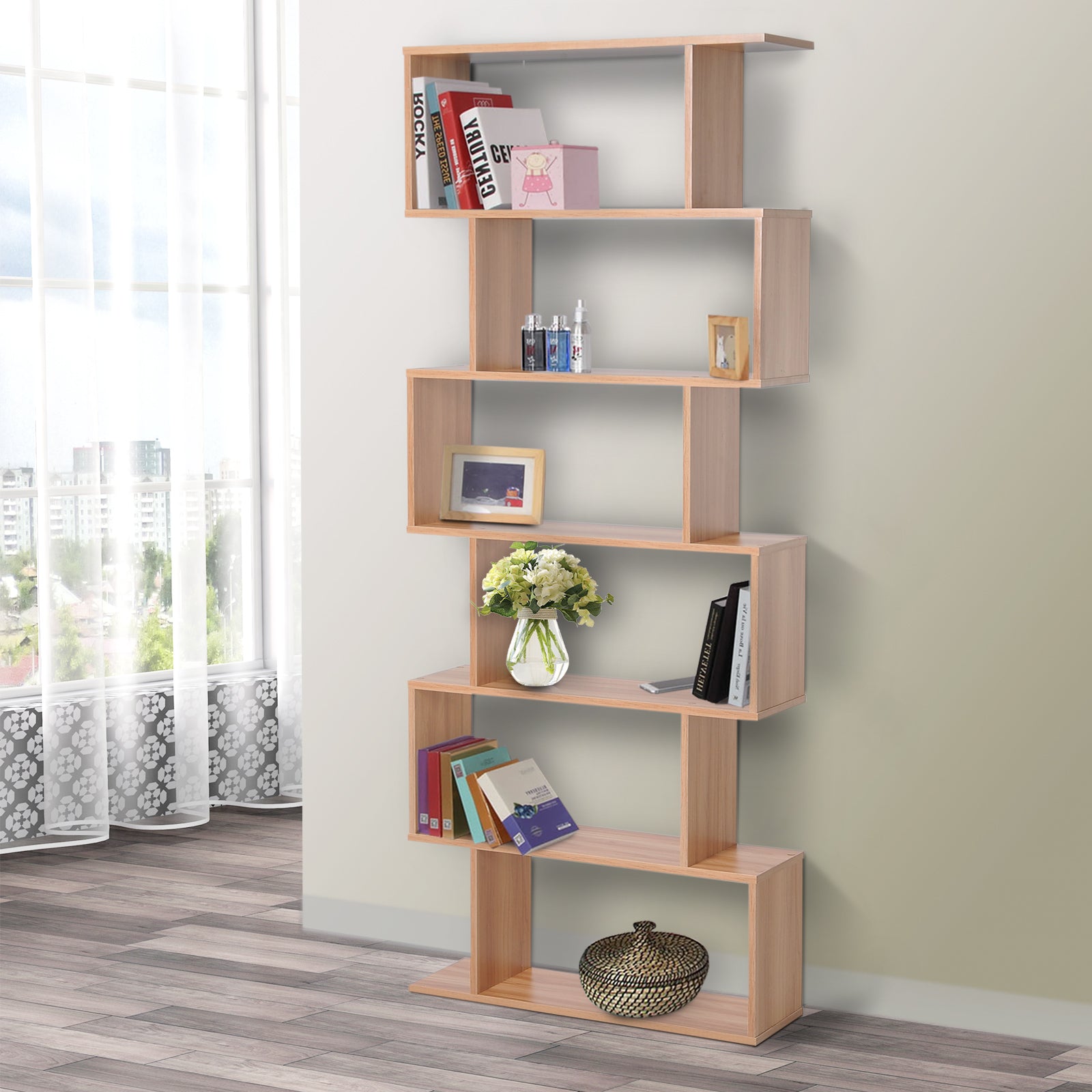 HOMCOM 76" 6-Tier Geometric Wooden Bookcase S Shaped Storage Display Bookshelf Modern shelf Open Concept Living Room Home Office Furniture, Maple