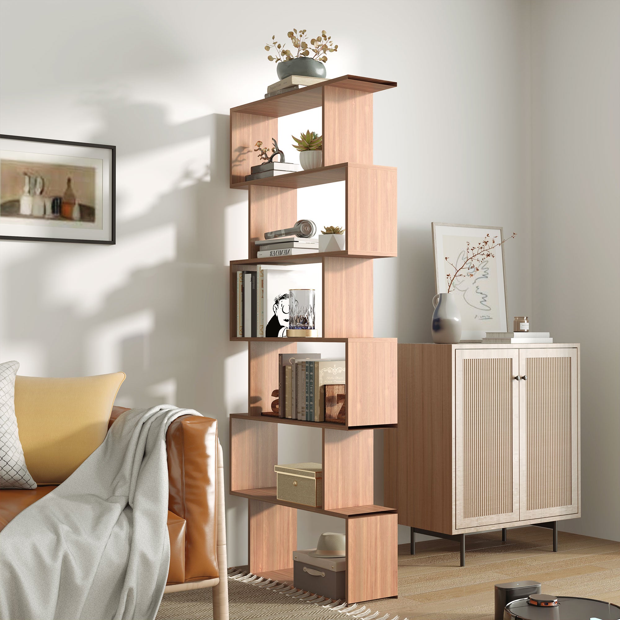 HOMCOM 76" 6-Tier Geometric Wooden Bookcase S Shaped Storage Display Bookshelf Modern shelf Open Concept Living Room Home Office Furniture, Maple