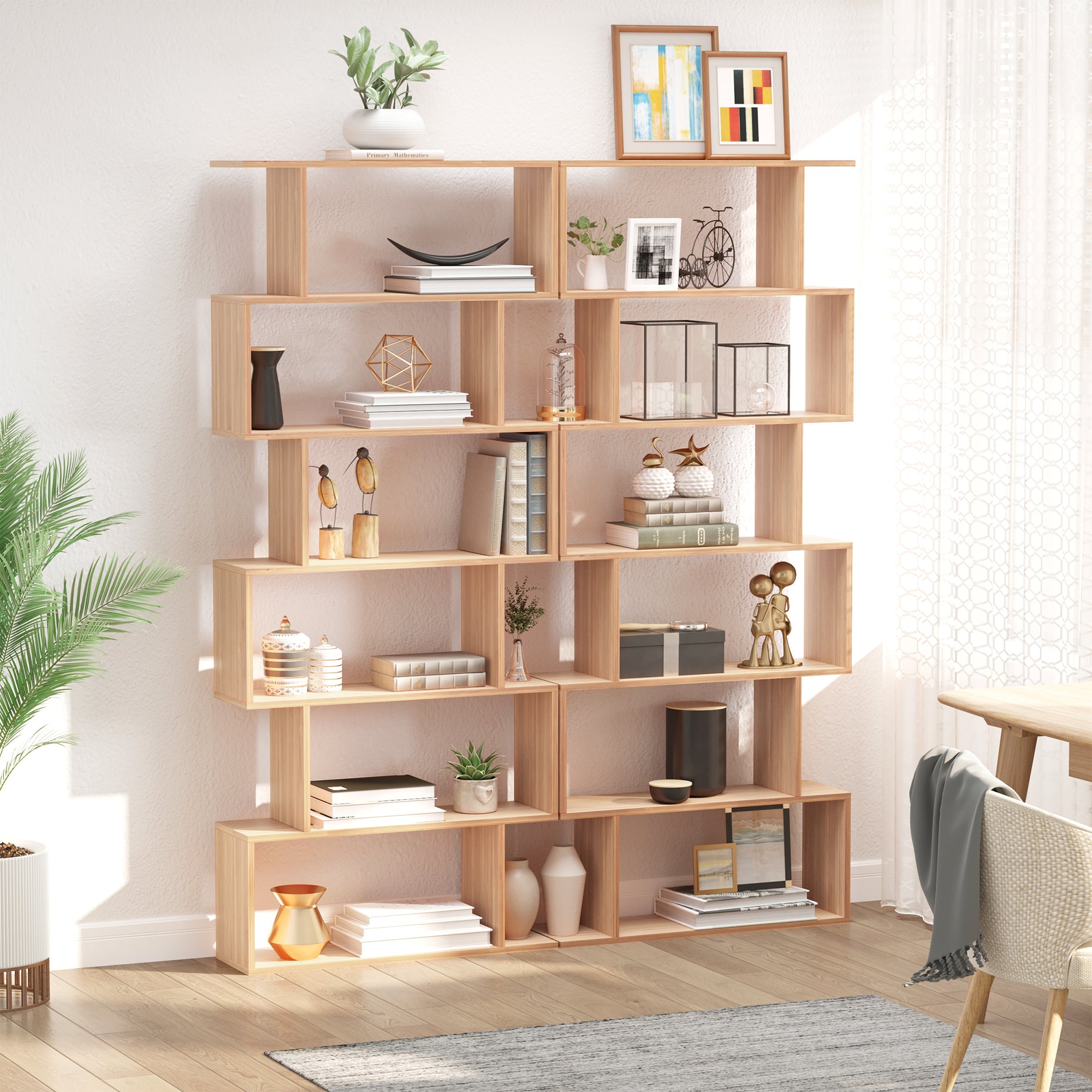 HOMCOM 76" 6-Tier Geometric Wooden Bookcase S Shaped Storage Display Bookshelf Modern shelf Open Concept Living Room Home Office Furniture, Maple