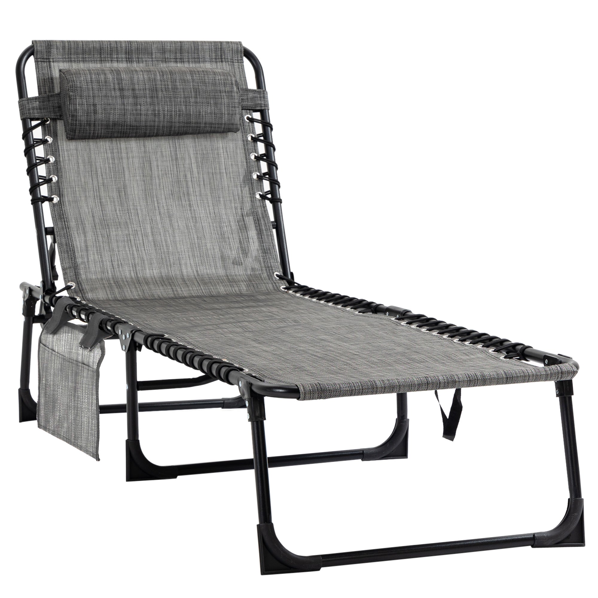 Outsunny Folding Lounge Chair, Portable Sun Lounger with Adjustable Backrest and Removable Pillow, Reclining Tanning Chair for Patio, Garden, Beach, Mixed Grey