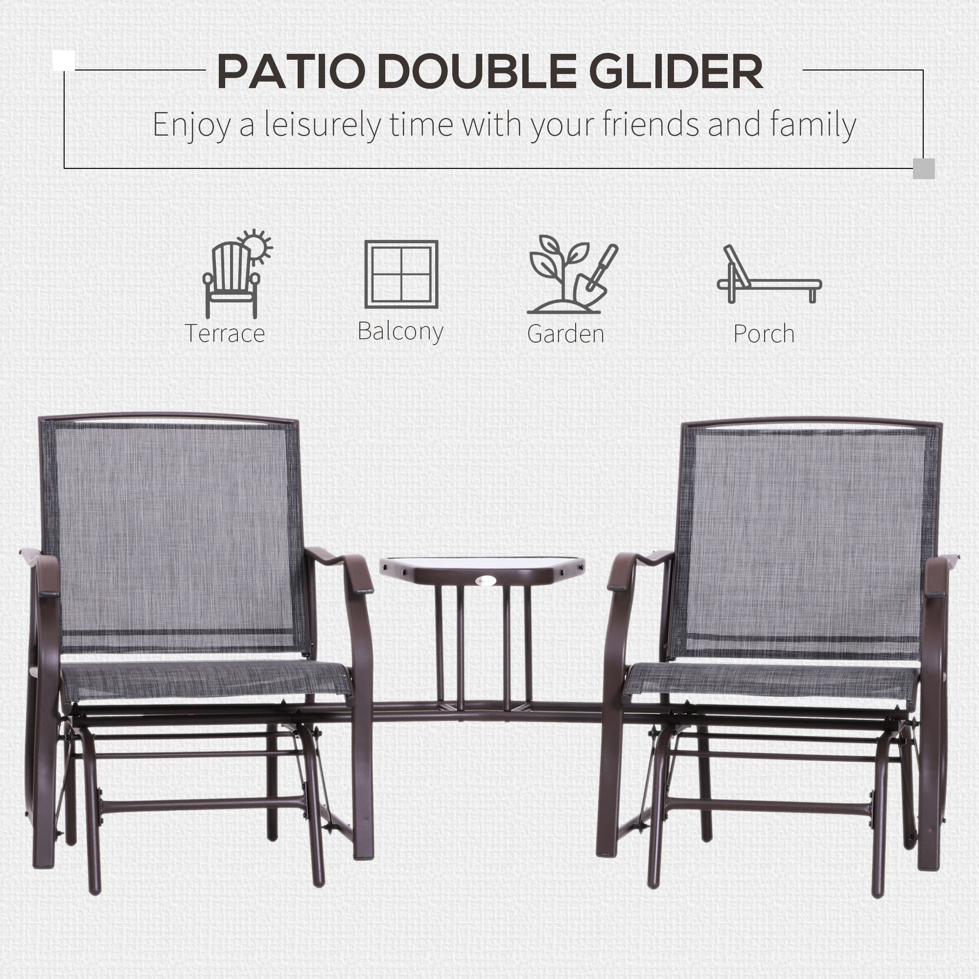 Outsunny Patio Double Glider Chair with Glass Top Center Table, Outdoor Glider Chair with High Back,  Sling Fabric for Garden, Bench, Grey