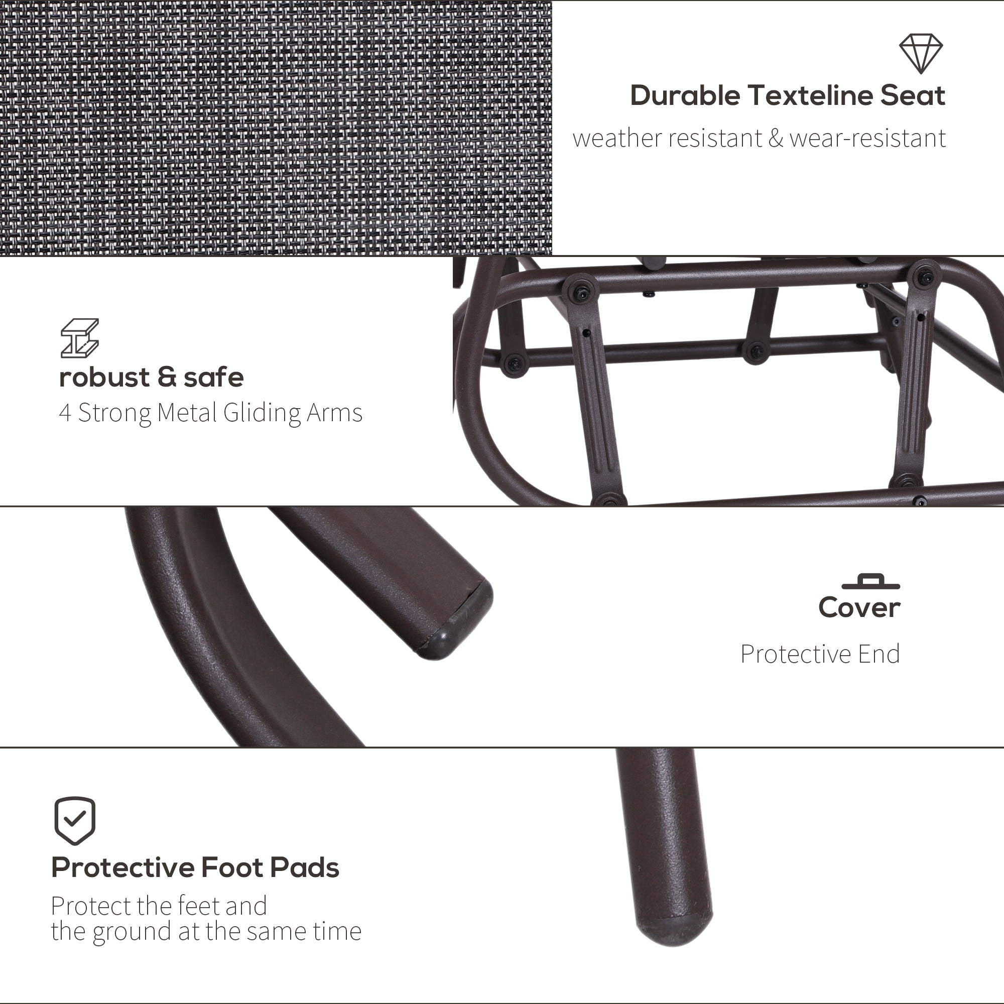 Outsunny Patio Double Glider Chair with Glass Top Center Table, Outdoor Glider Chair with High Back,  Sling Fabric for Garden, Bench, Grey