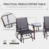 Outsunny Patio Double Glider Chair with Glass Top Center Table, Outdoor Glider Chair with High Back,  Sling Fabric for Garden, Bench, Grey