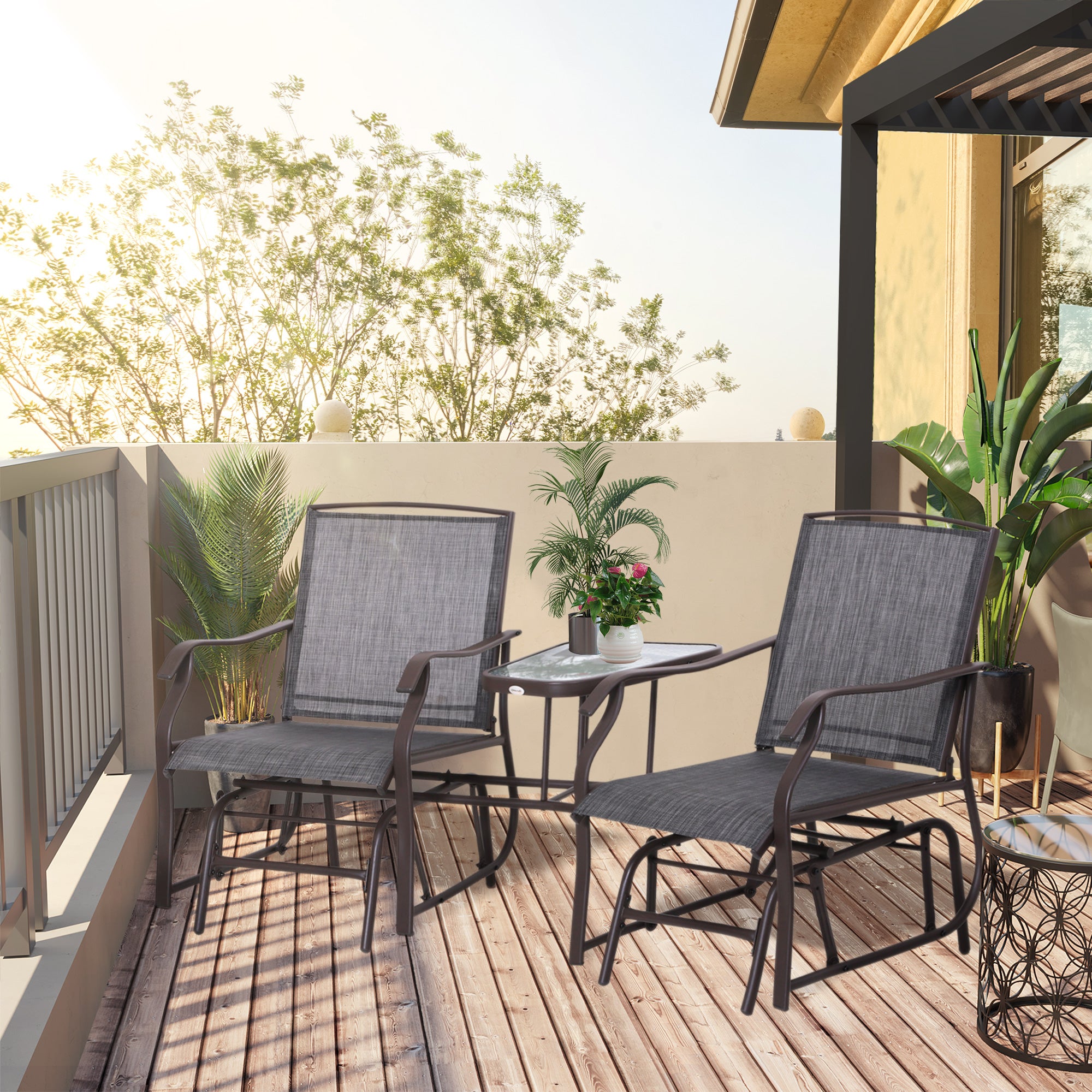 Outsunny Patio Double Glider Chair with Glass Top Center Table, Outdoor Glider Chair with High Back,  Sling Fabric for Garden, Bench, Grey