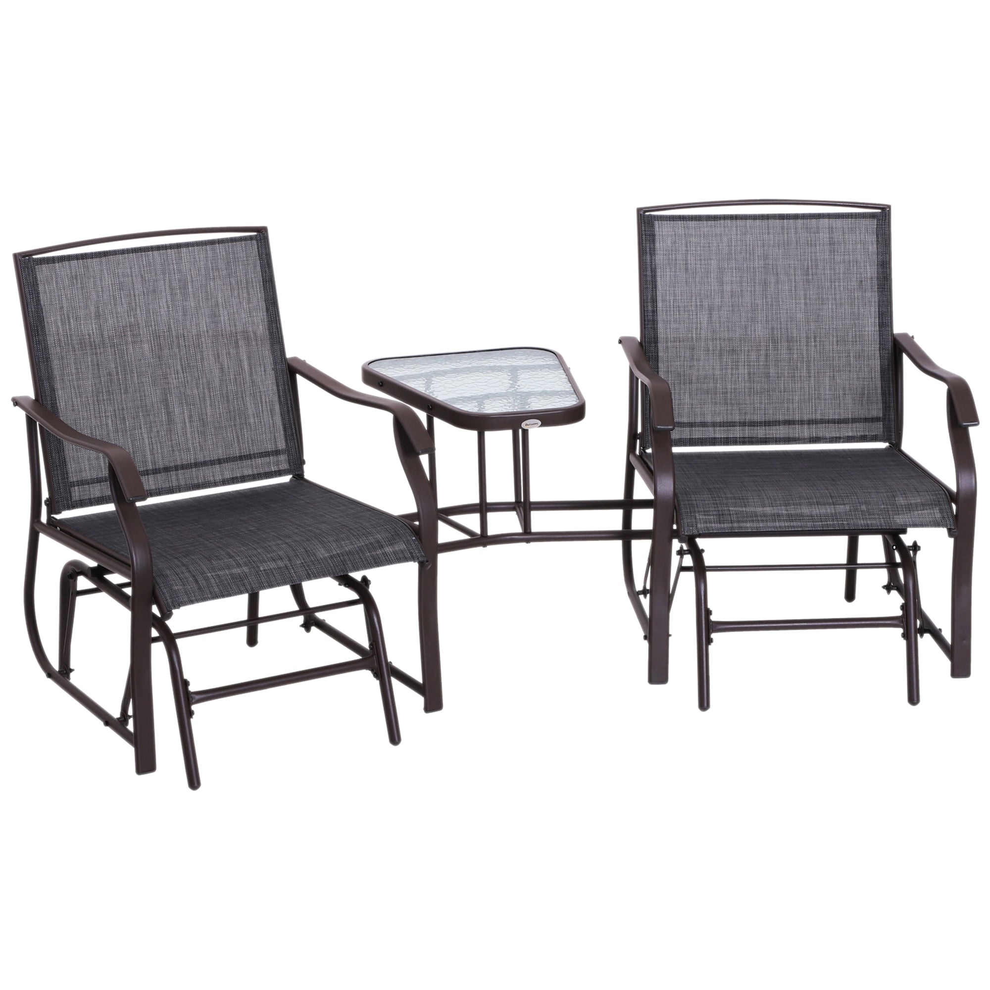 Outsunny Patio Double Glider Chair with Glass Top Center Table, Outdoor Glider Chair with High Back,  Sling Fabric for Garden, Bench, Grey
