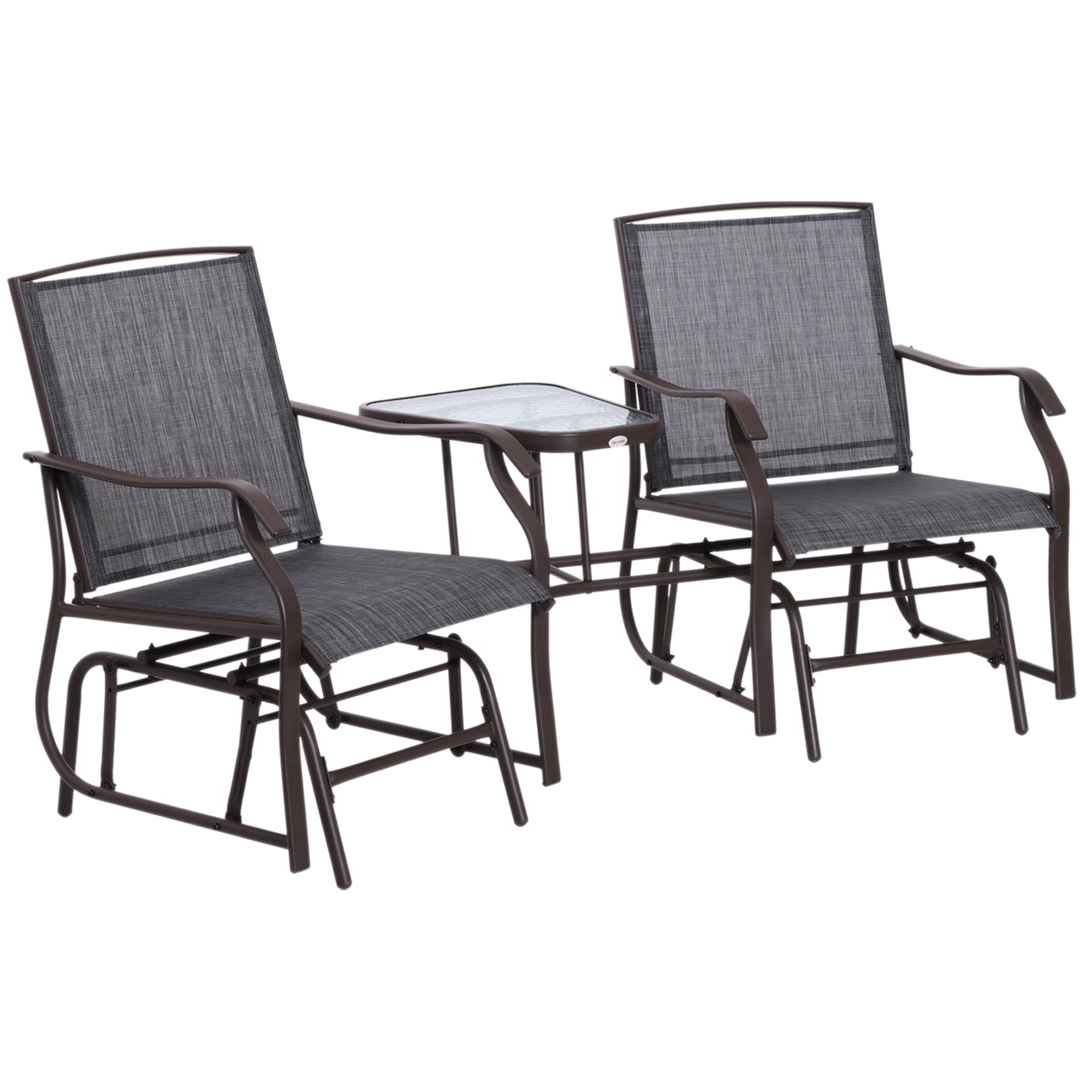 Outsunny Patio Double Glider Chair with Glass Top Center Table, Outdoor Glider Chair with High Back,  Sling Fabric for Garden, Bench, Grey
