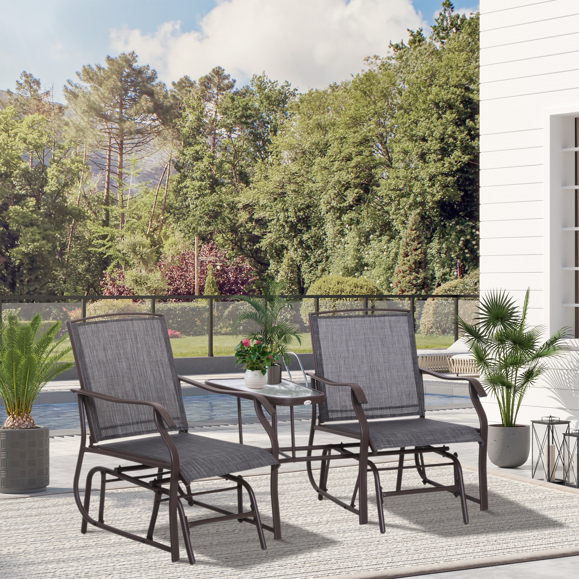 Outsunny Patio Double Glider Chair with Glass Top Center Table, Outdoor Glider Chair with High Back,  Sling Fabric for Garden, Bench, Grey