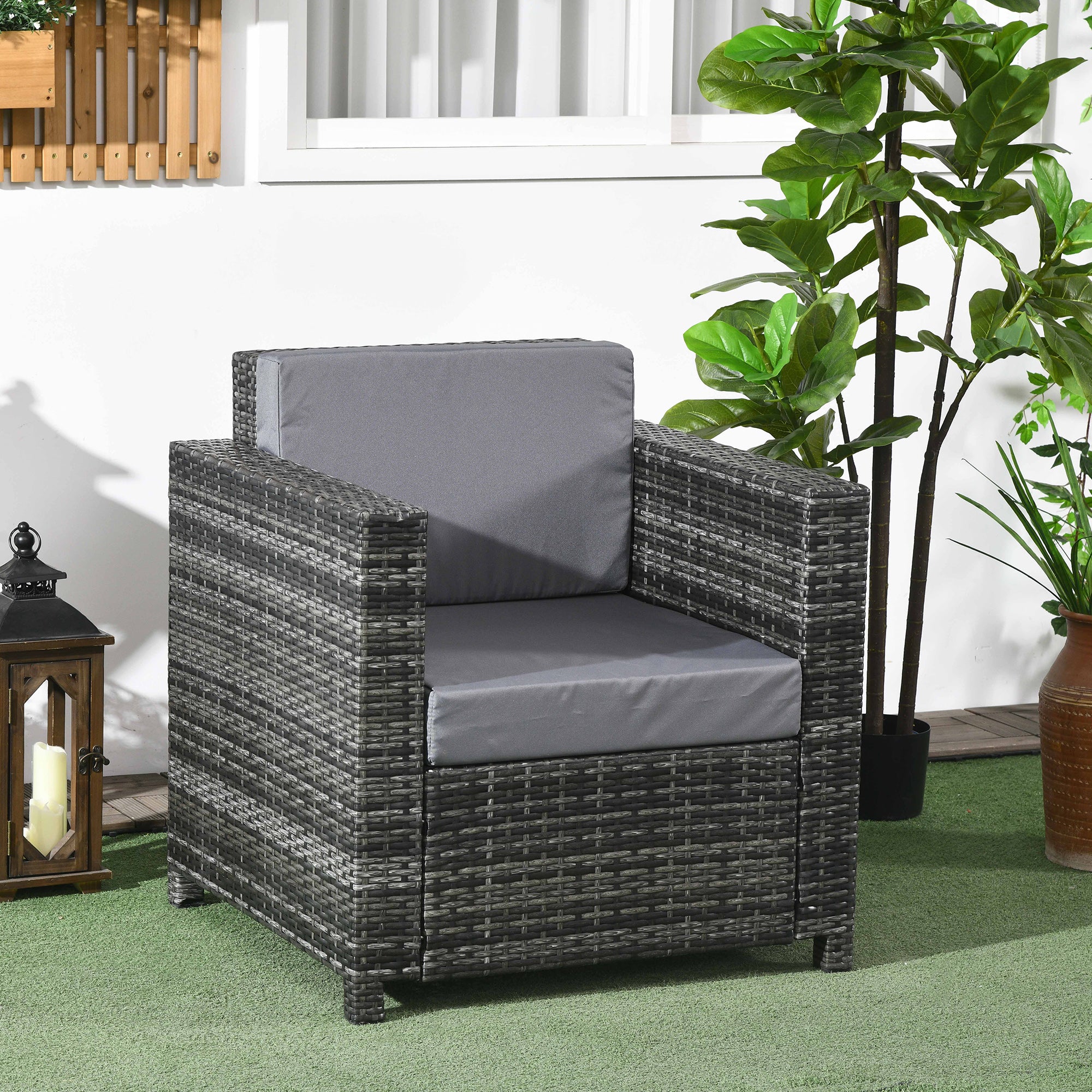 Outsunny Patio Rattan Single Sofa, Outdoor Wicker Armchair with Cushions for Garden, Balcony, Porch, Grey