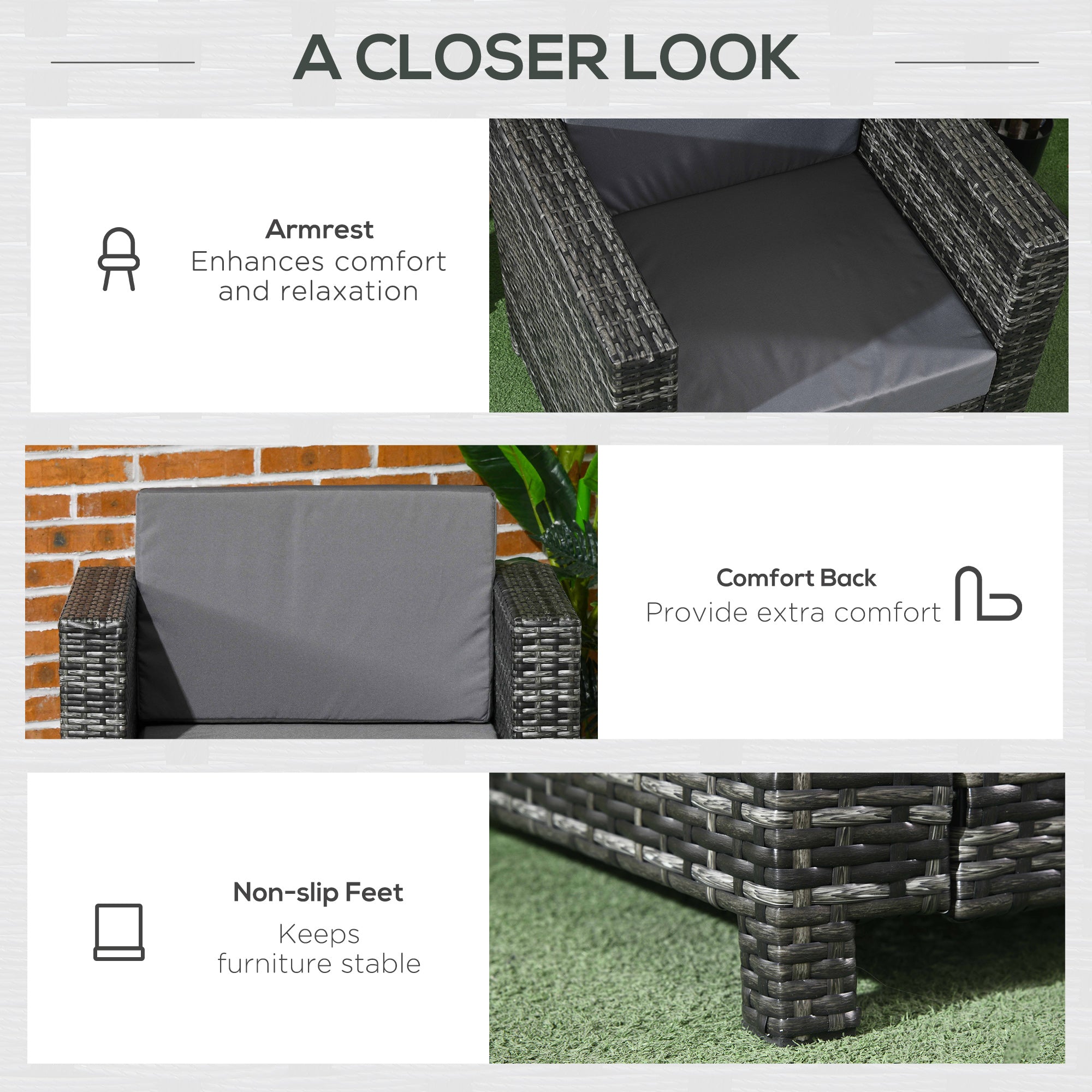 Outsunny Patio Rattan Single Sofa, Outdoor Wicker Armchair with Cushions for Garden, Balcony, Porch, Grey