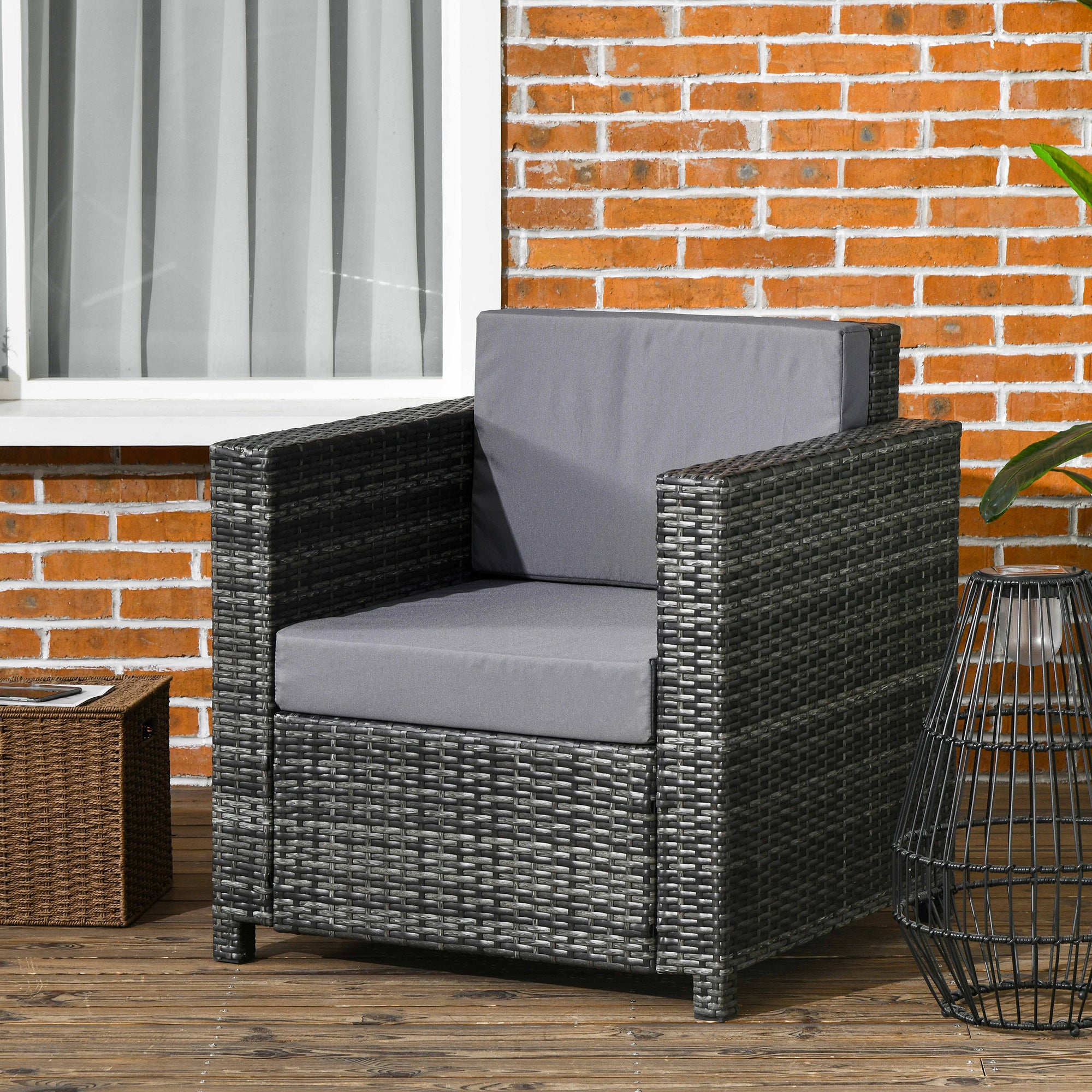 Outsunny Patio Rattan Single Sofa, Outdoor Wicker Armchair with Cushions for Garden, Balcony, Porch, Grey