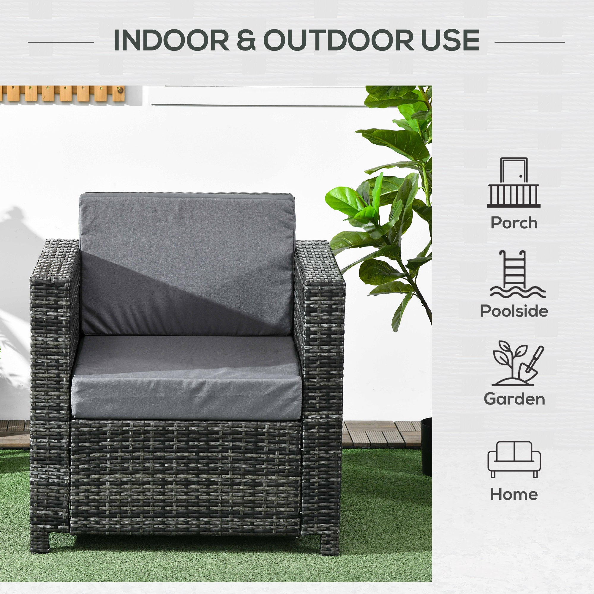 Outsunny Patio Rattan Single Sofa, Outdoor Wicker Armchair with Cushions for Garden, Balcony, Porch, Grey