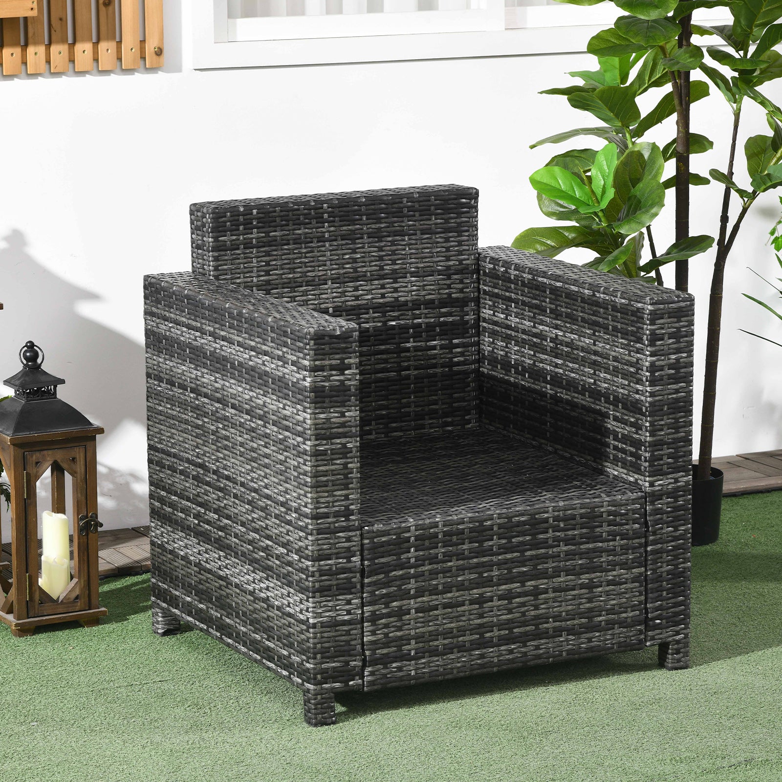 Outsunny Patio Rattan Single Sofa, Outdoor Wicker Armchair with Cushions for Garden, Balcony, Porch, Grey