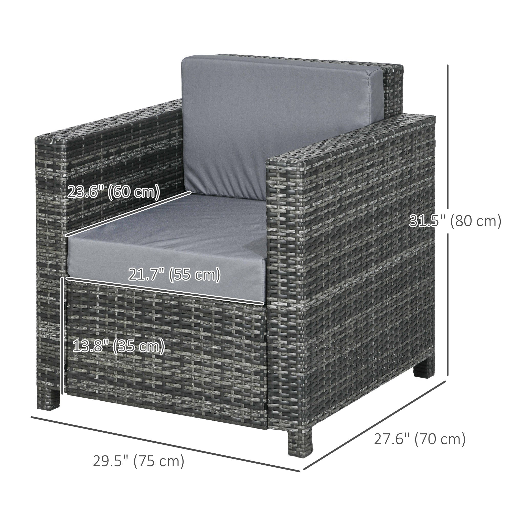 Outsunny Patio Rattan Single Sofa, Outdoor Wicker Armchair with Cushions for Garden, Balcony, Porch, Grey