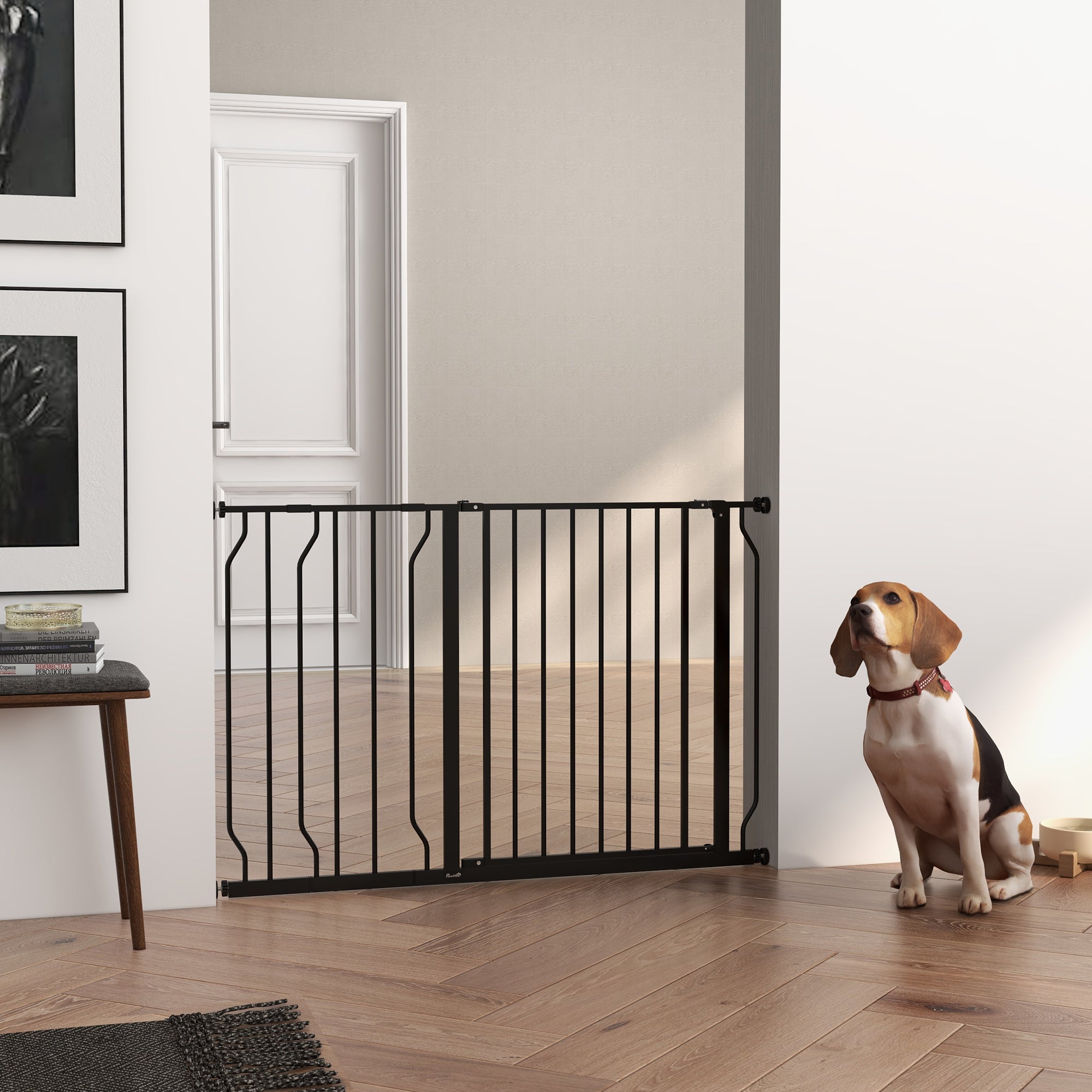 PawHut Dog Gate Wide Stair Gate w/ Door Pressure Fit Pets Barrier for Doorway, Hallway, 76H x 75-115W cm - Black