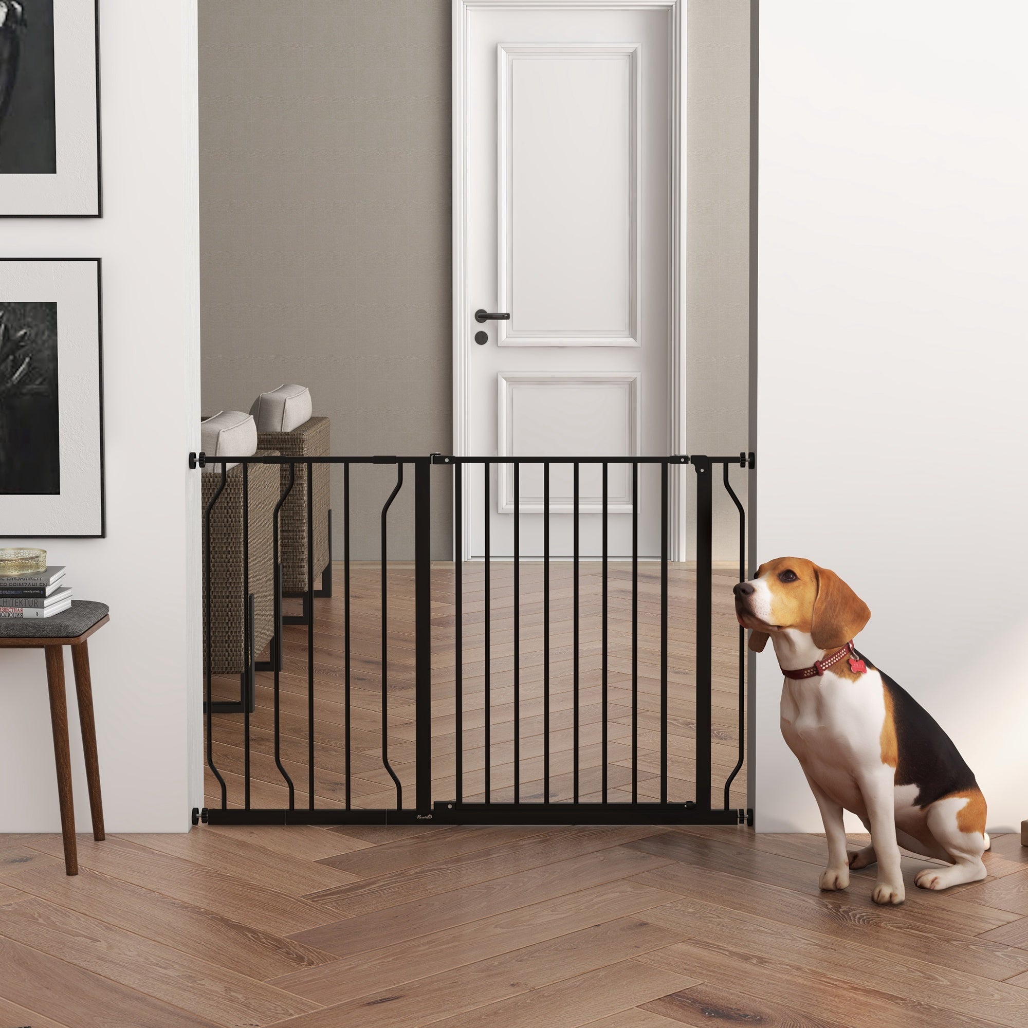 PawHut Dog Gate Wide Stair Gate w/ Door Pressure Fit Pets Barrier for Doorway, Hallway, 76H x 75-115W cm - Black
