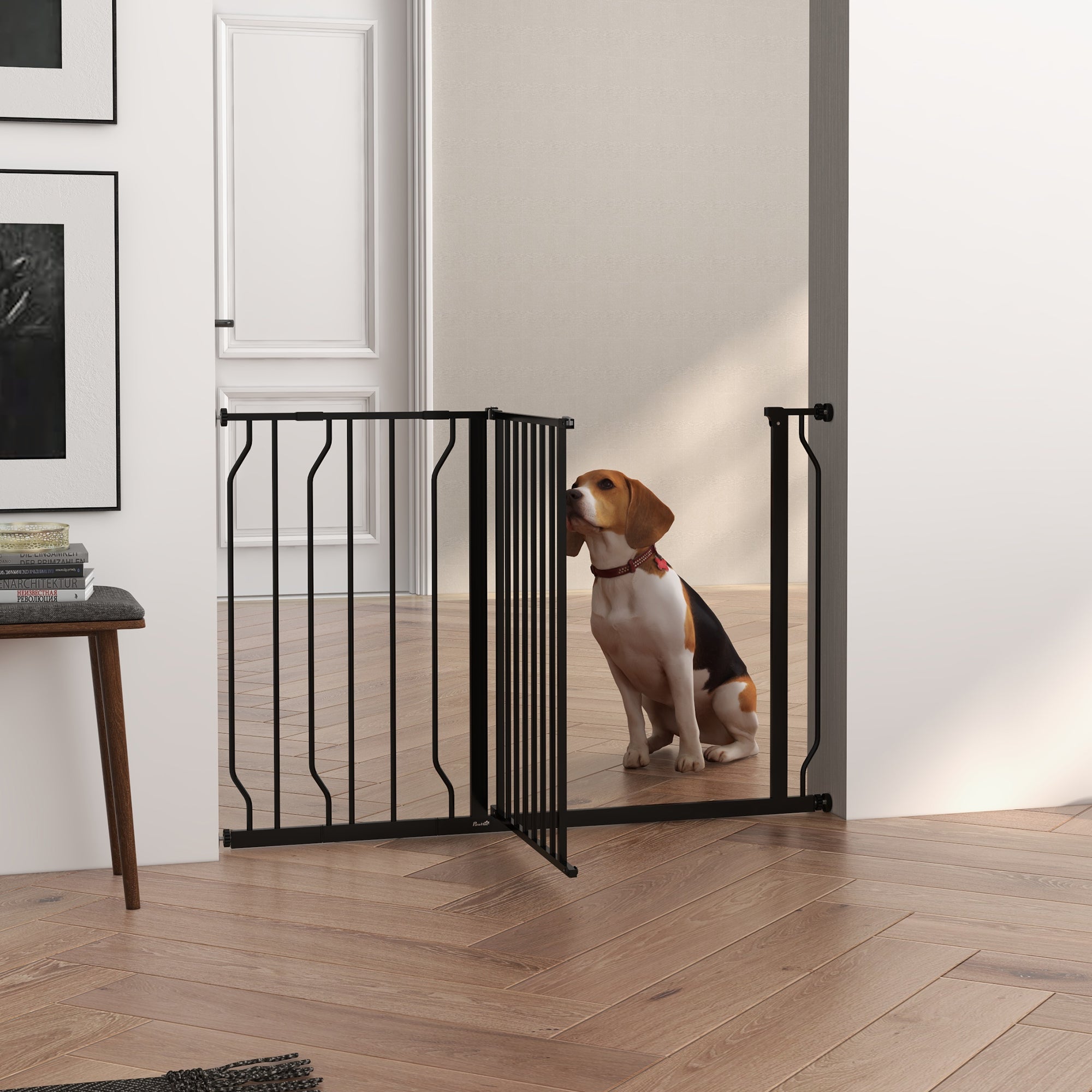 PawHut Dog Gate Wide Stair Gate w/ Door Pressure Fit Pets Barrier for Doorway, Hallway, 76H x 75-115W cm - Black