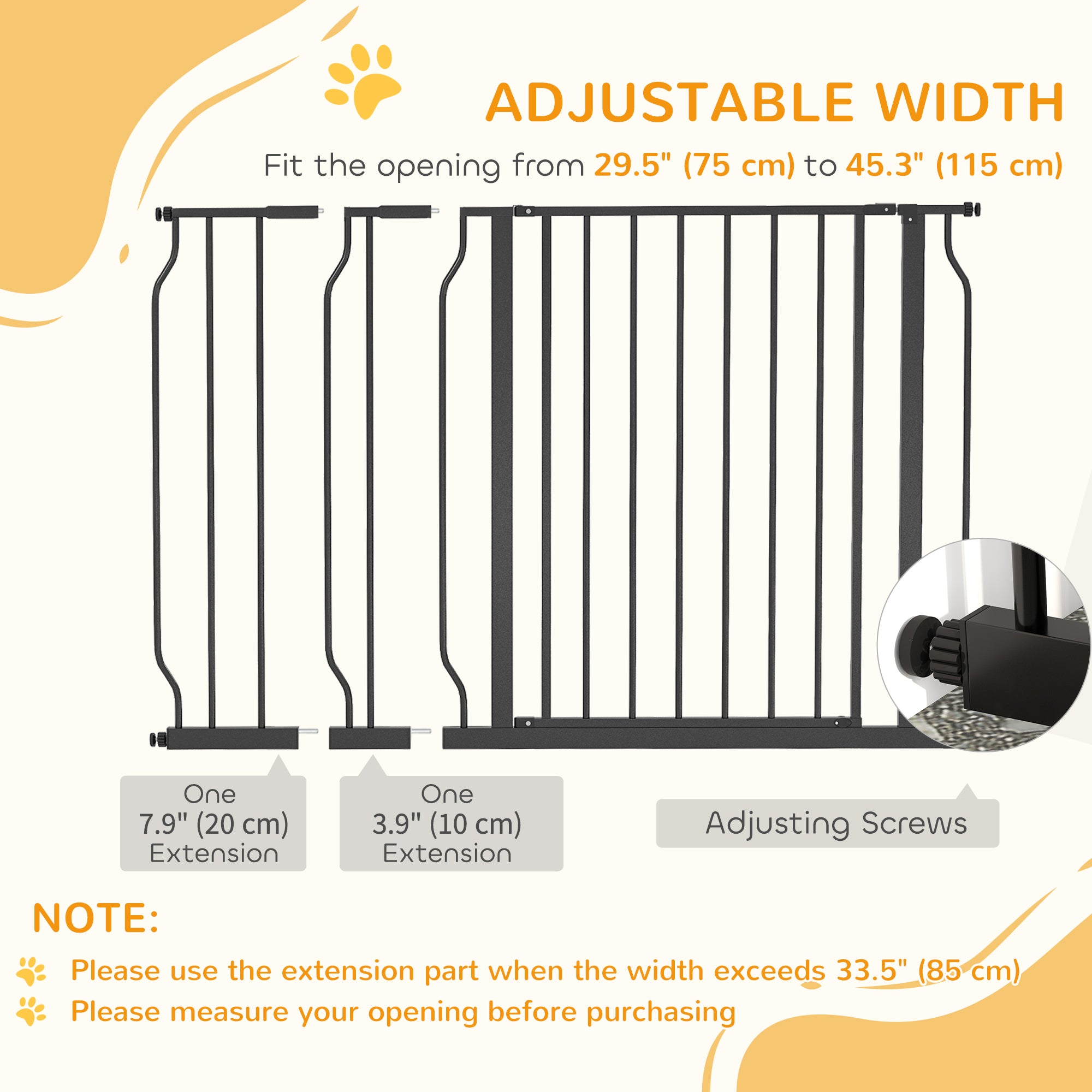 PawHut 30"- 45" Extra Wide Dog Gate with Door, Double Locking System, Easy Install Pet Gate for Stairs, Hallways, and Doorways, Black