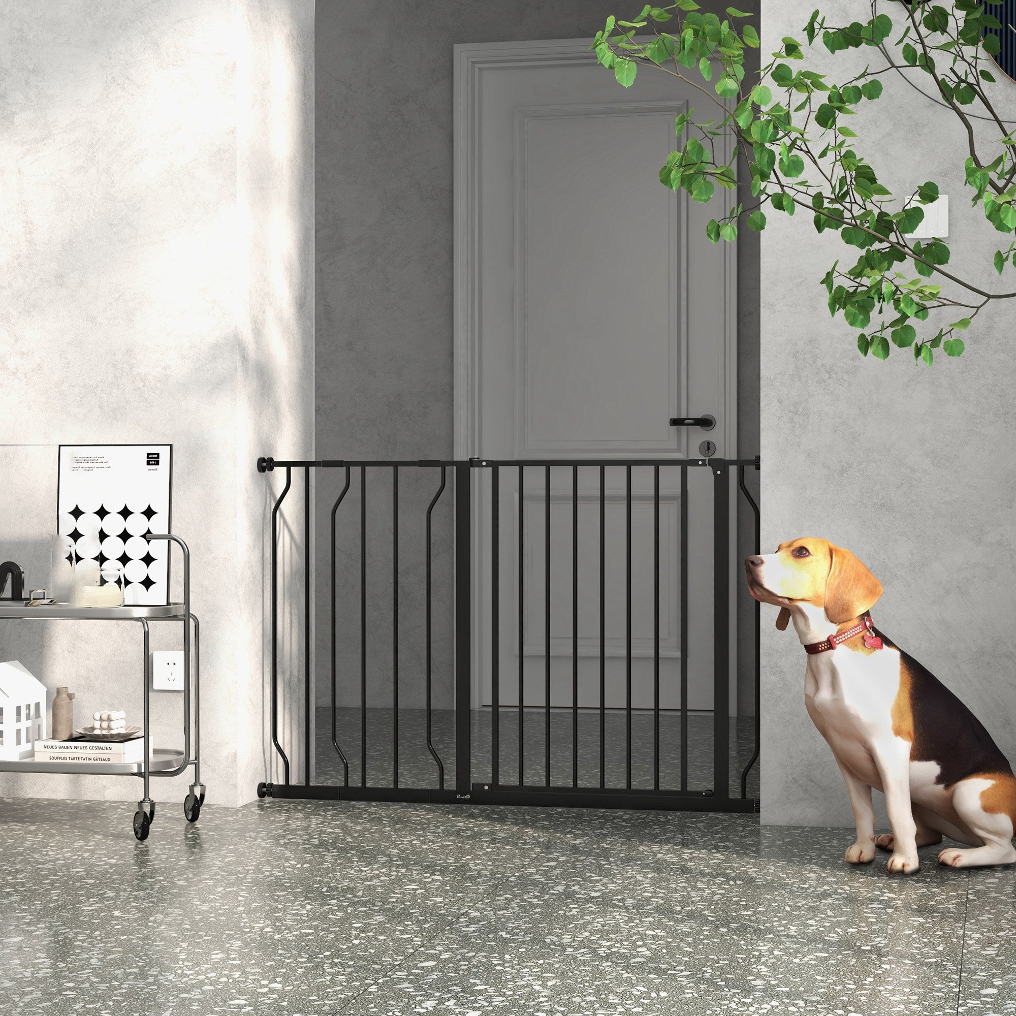PawHut 30"- 45" Extra Wide Dog Gate with Door, Double Locking System, Easy Install Pet Gate for Stairs, Hallways, and Doorways, Black