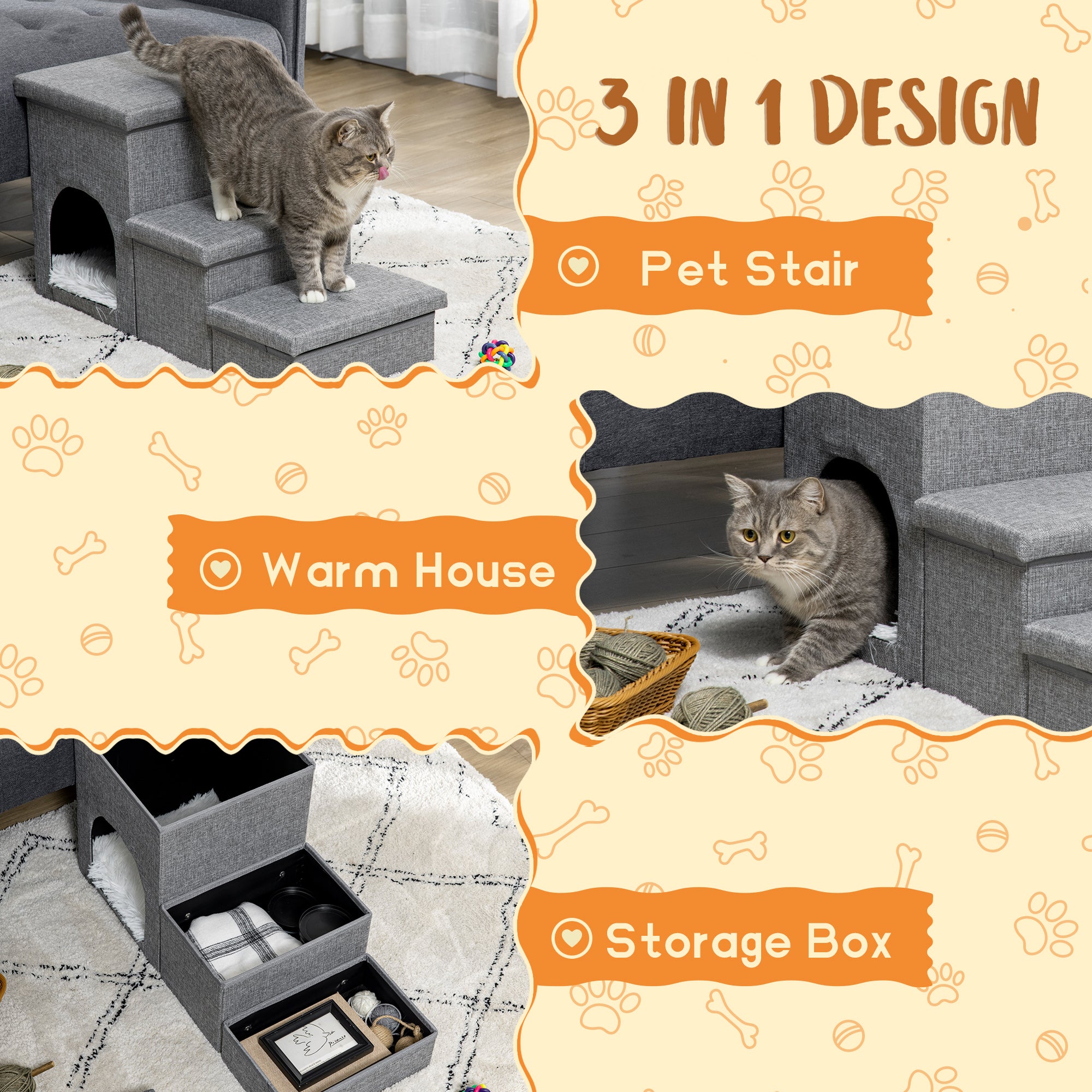 PawHut Dog Stairs for Small Dogs, 3-Step Cat Pet Stairs for High Bed with Storage and Condo House, Washable Cushion, Dog Steps for Couch, Sofa, Light Grey